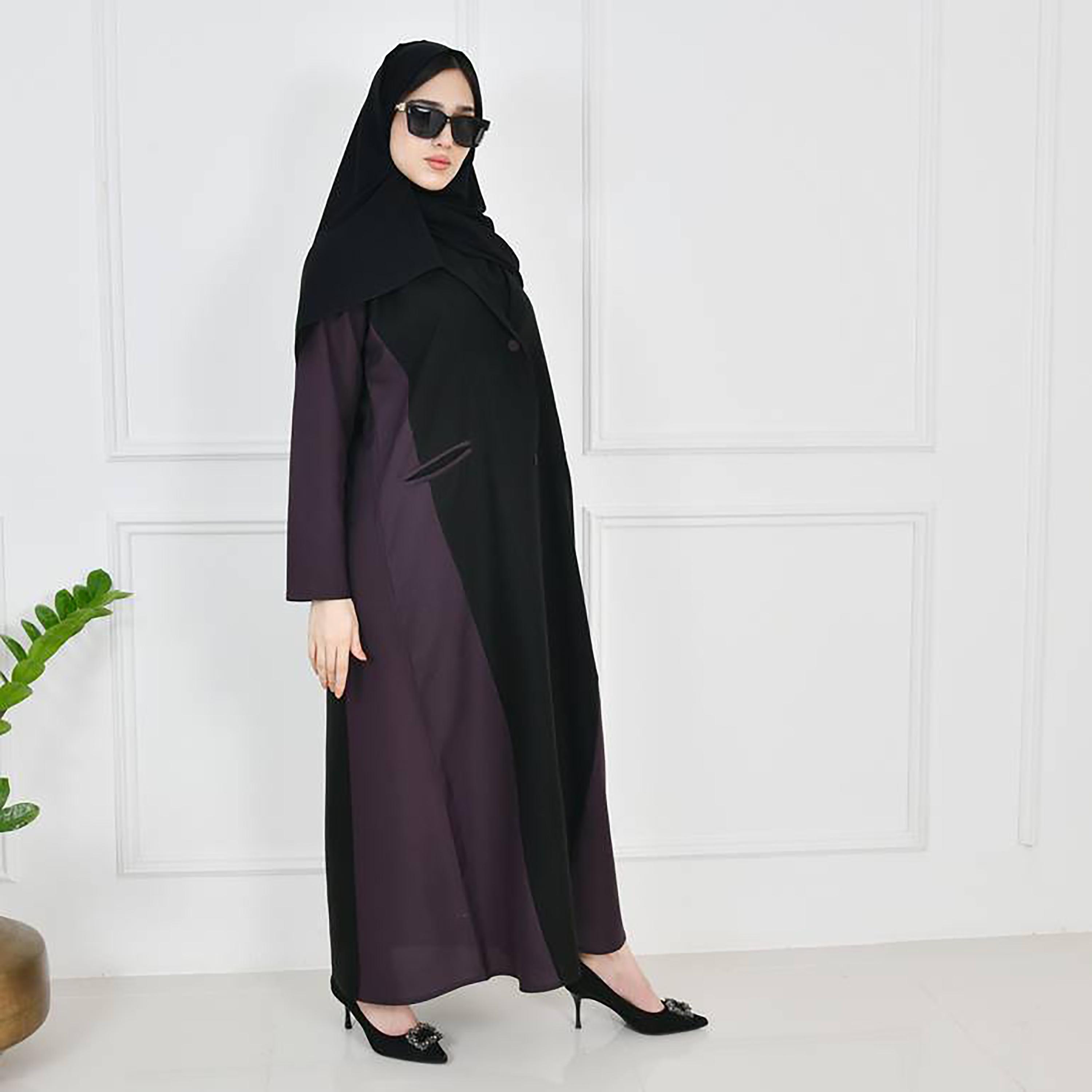 Hawraa Black Lapel Collar Crepe Colour Blocked Blazer Abaya with Hijab-women-arabicclothing-abayas-image-1