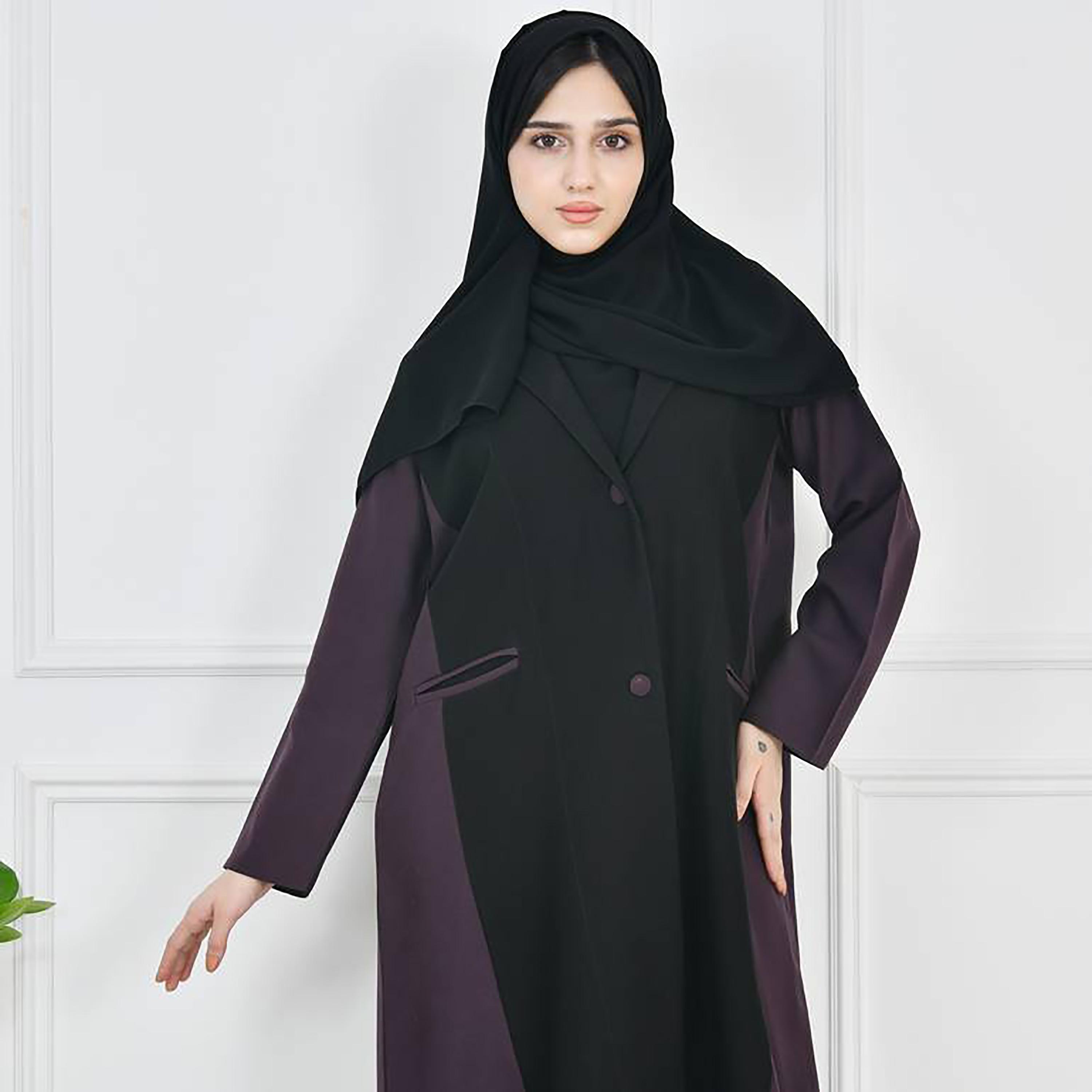 Hawraa Black Lapel Collar Crepe Colour Blocked Blazer Abaya with Hijab-women-arabicclothing-abayas-image-2