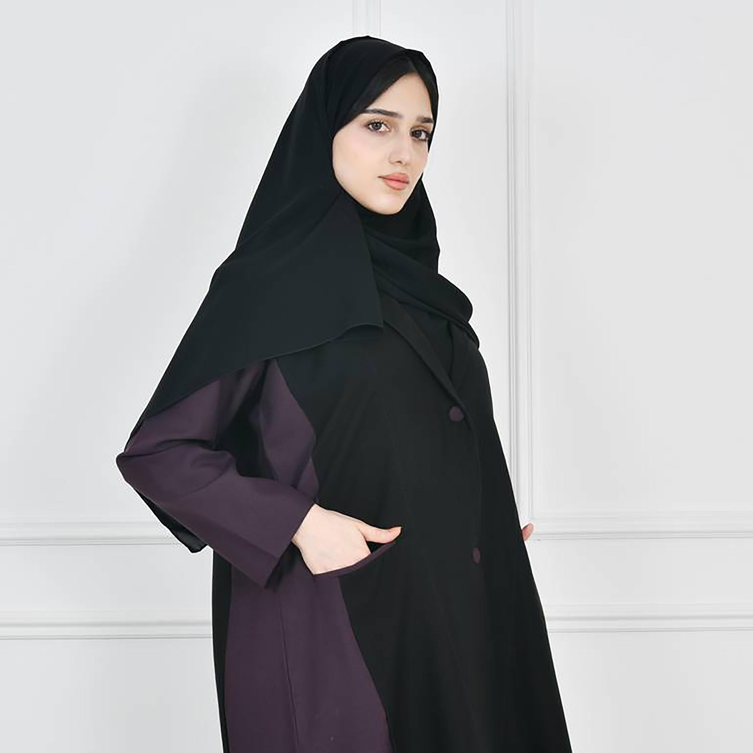 Hawraa Black Lapel Collar Crepe Colour Blocked Blazer Abaya with Hijab-women-arabicclothing-abayas-image-3