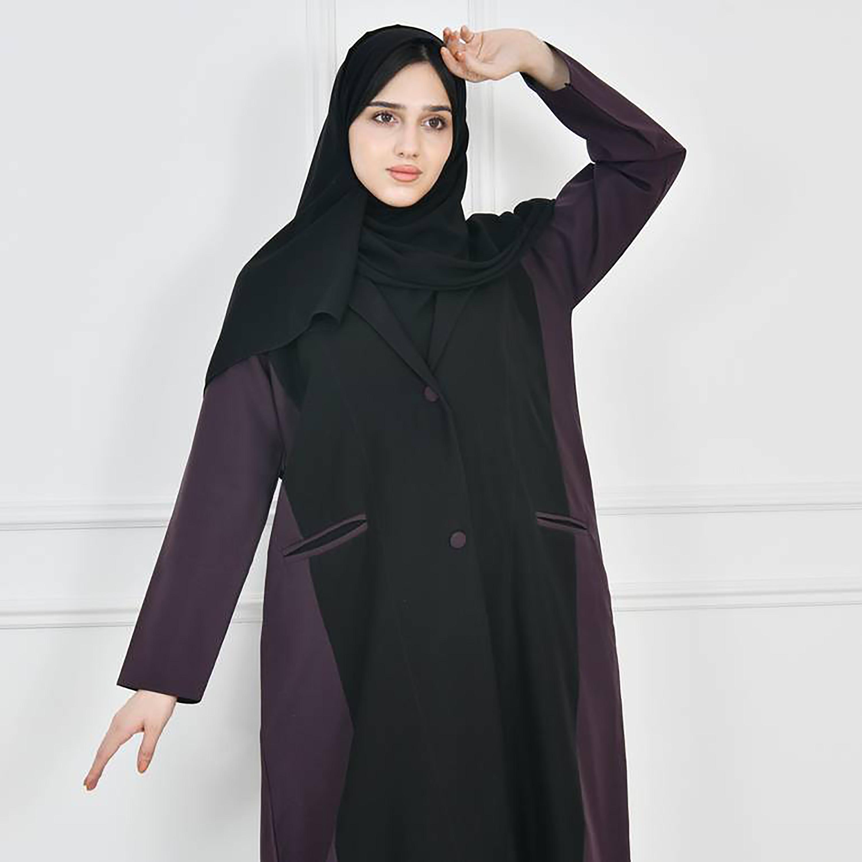 Hawraa Black Lapel Collar Crepe Colour Blocked Blazer Abaya with Hijab-women-arabicclothing-abayas-image-4