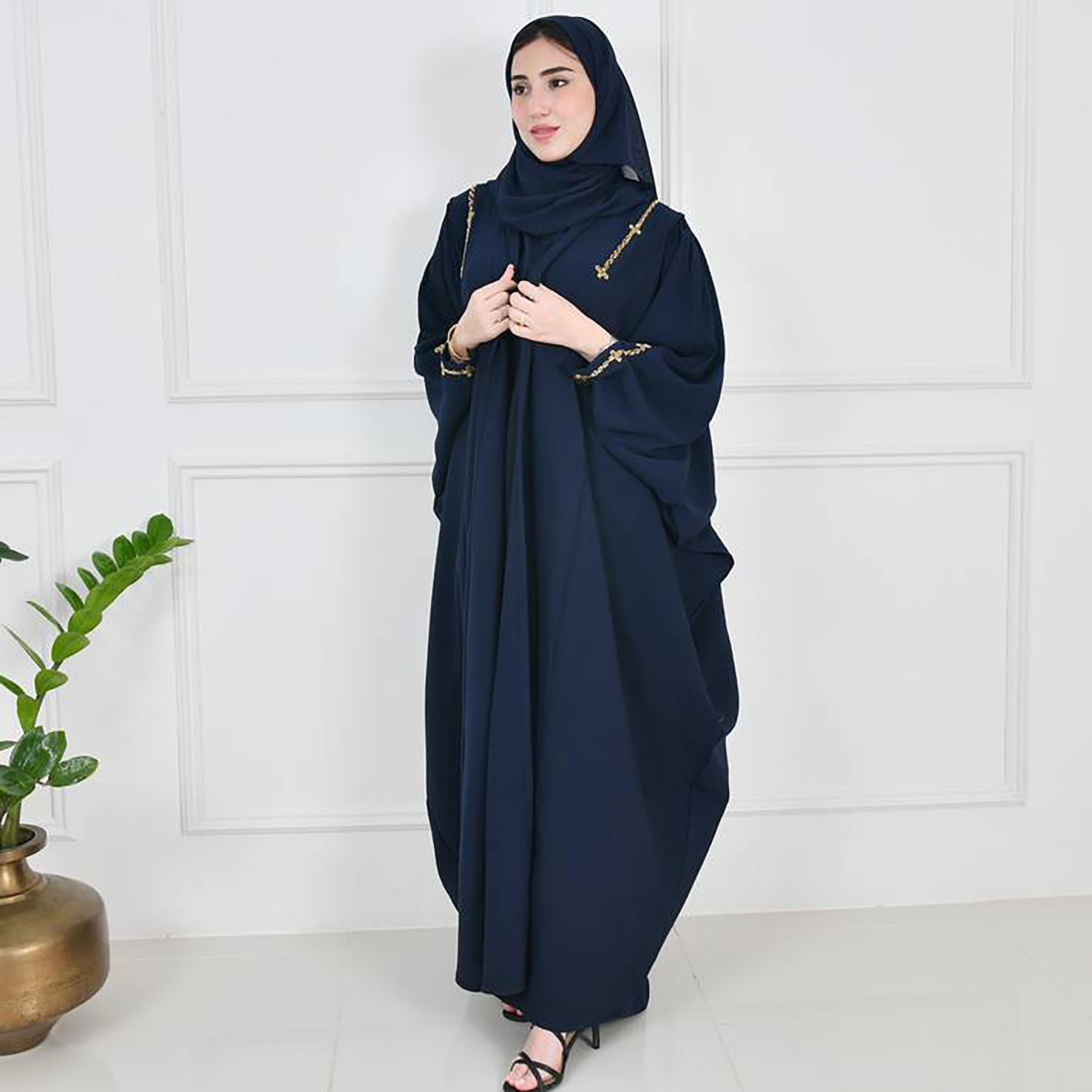Hawraa Navy Blue Puff Sleeves Crepe Beads & Stones Wrap Abaya with Hijab-women-arabicclothing-abayas-image-1