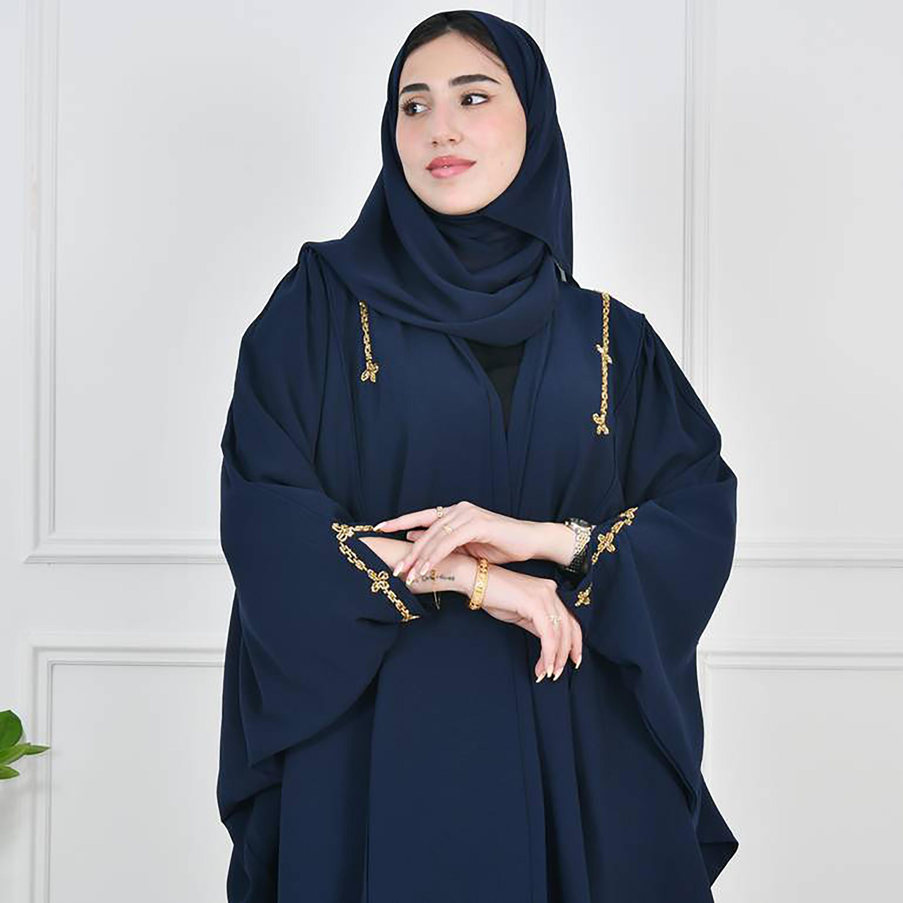 Hawraa Navy Blue Puff Sleeves Crepe Beads & Stones Wrap Abaya with Hijab-women-arabicclothing-abayas-image-2