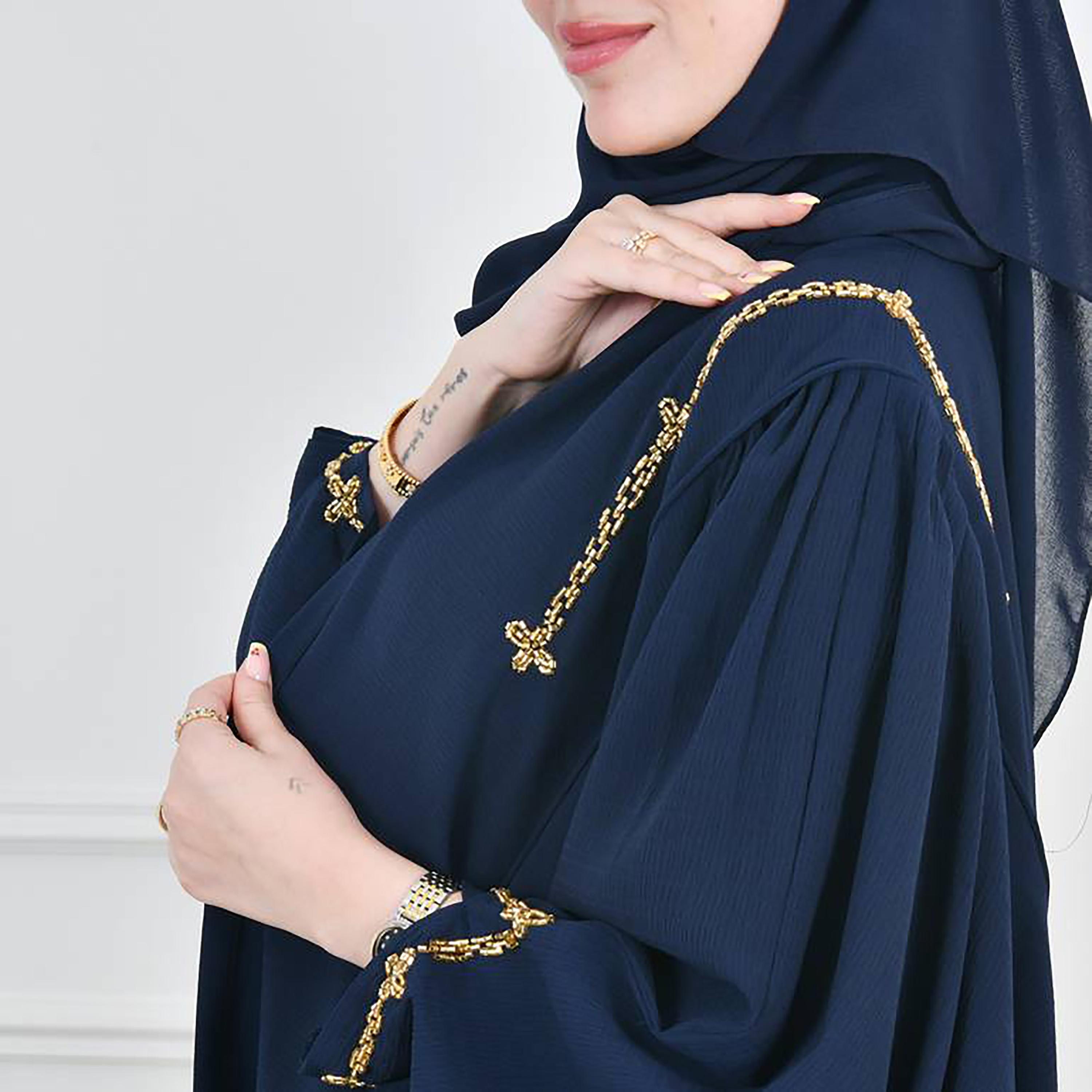 Hawraa Navy Blue Puff Sleeves Crepe Beads & Stones Wrap Abaya with Hijab-women-arabicclothing-abayas-image-3