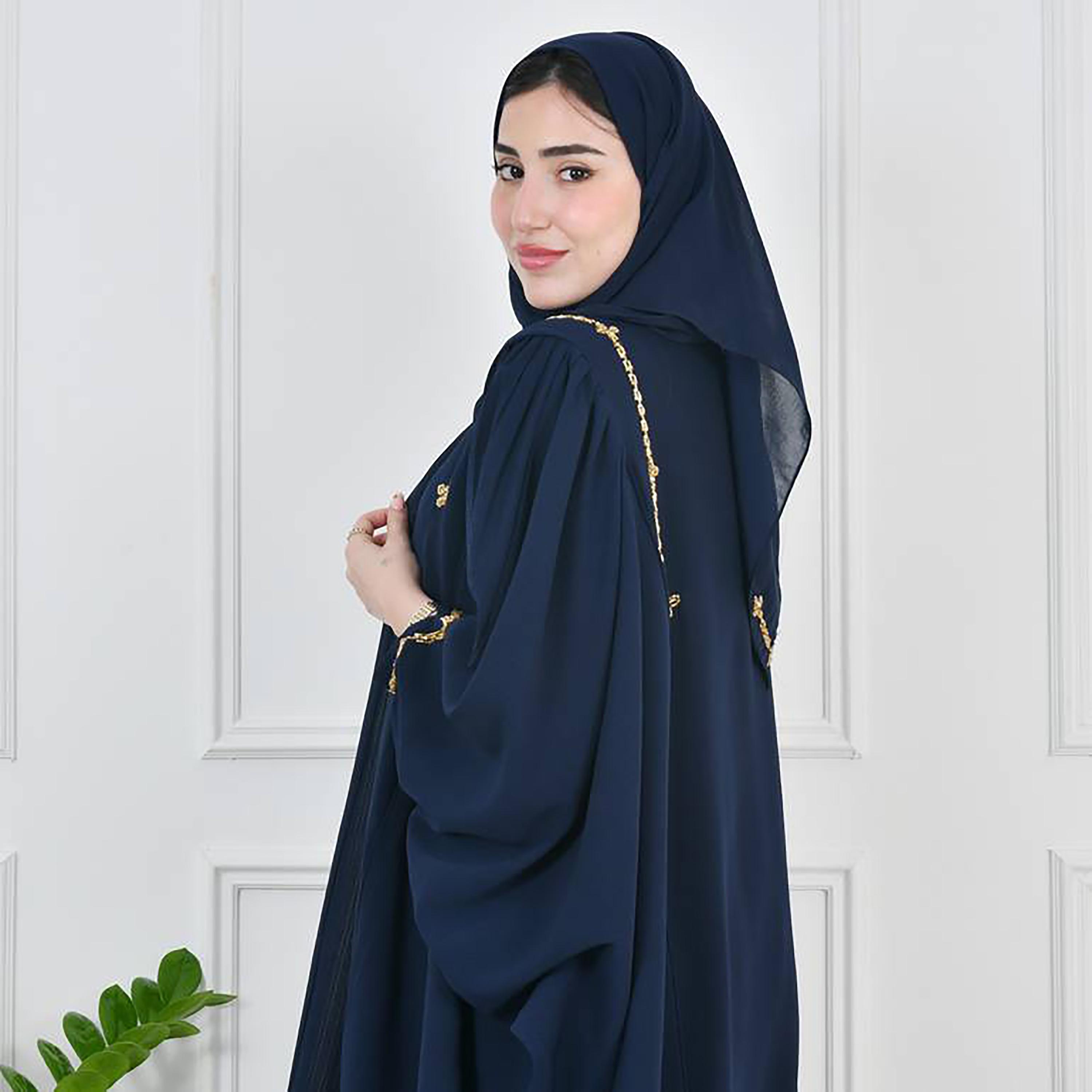 Hawraa Navy Blue Puff Sleeves Crepe Beads & Stones Wrap Abaya with Hijab-women-arabicclothing-abayas-image-4