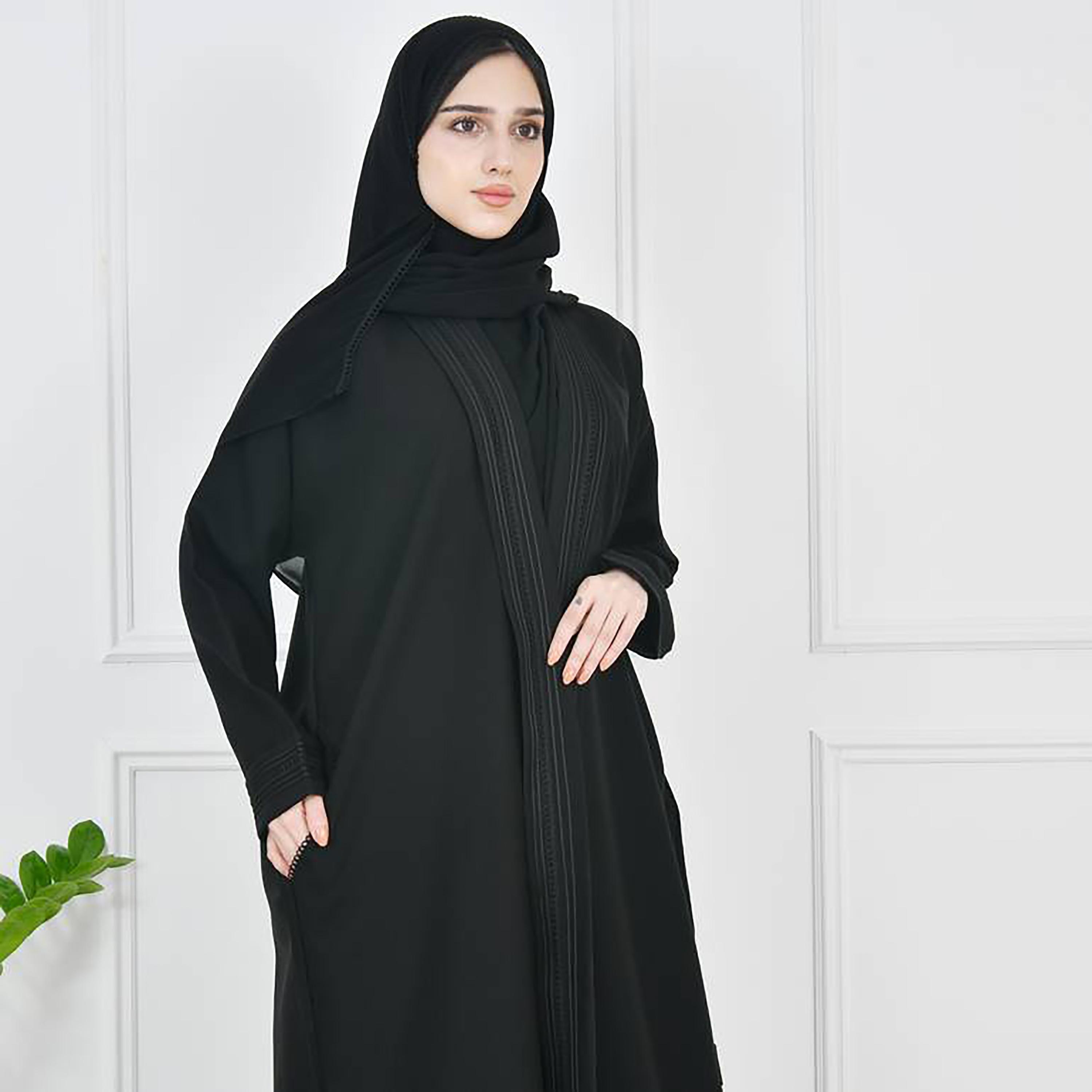 Hawraa Black Crepe Embroidered Wrap Abaya with Hijab-women-arabicclothing-abayas-image-1