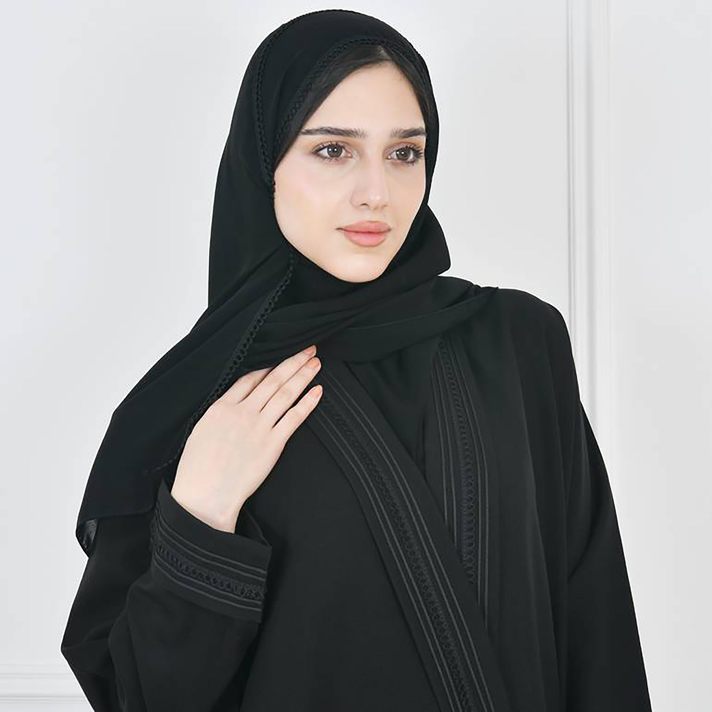 Hawraa Black Crepe Embroidered Wrap Abaya with Hijab-women-arabicclothing-abayas-image-2