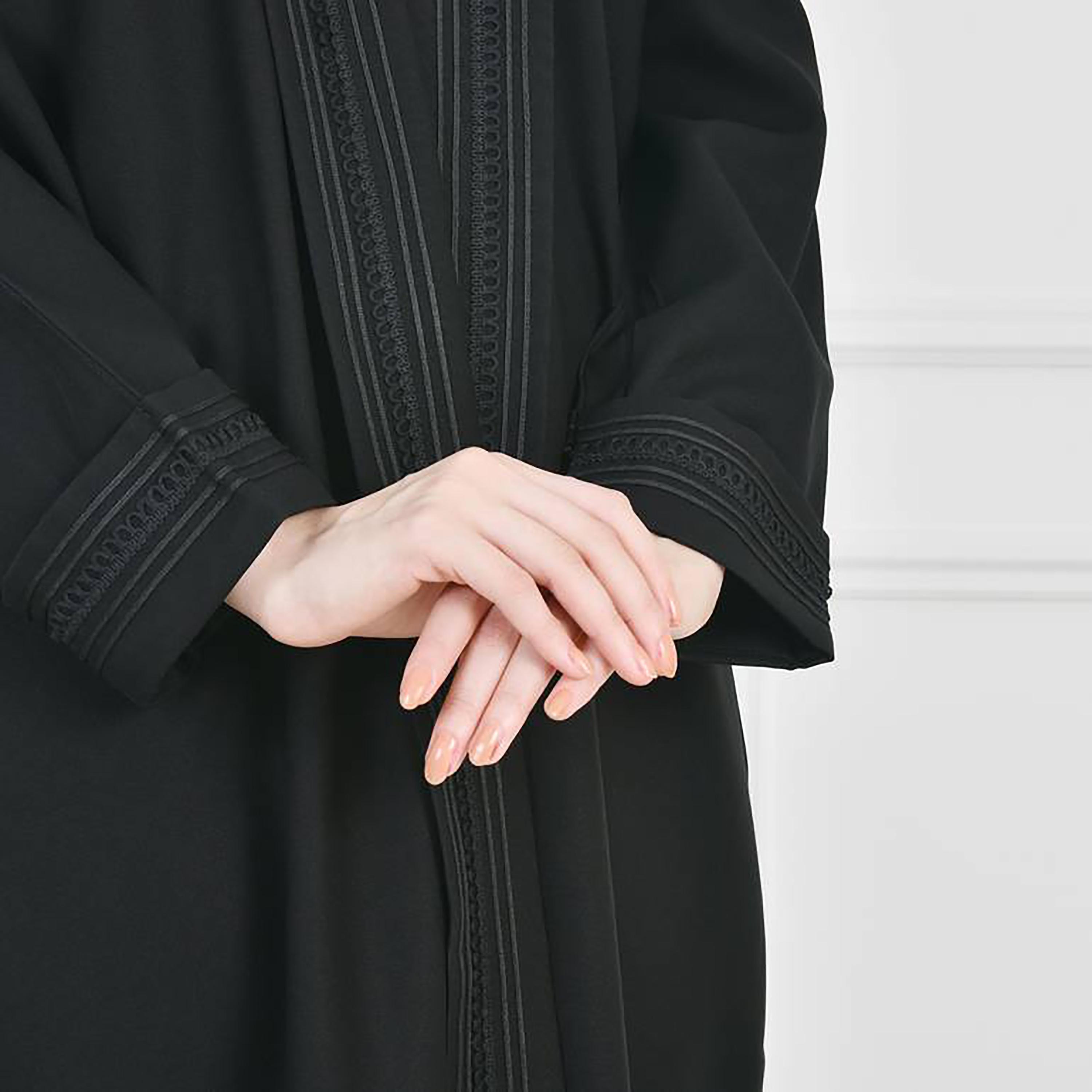 Hawraa Black Crepe Embroidered Wrap Abaya with Hijab-women-arabicclothing-abayas-image-3