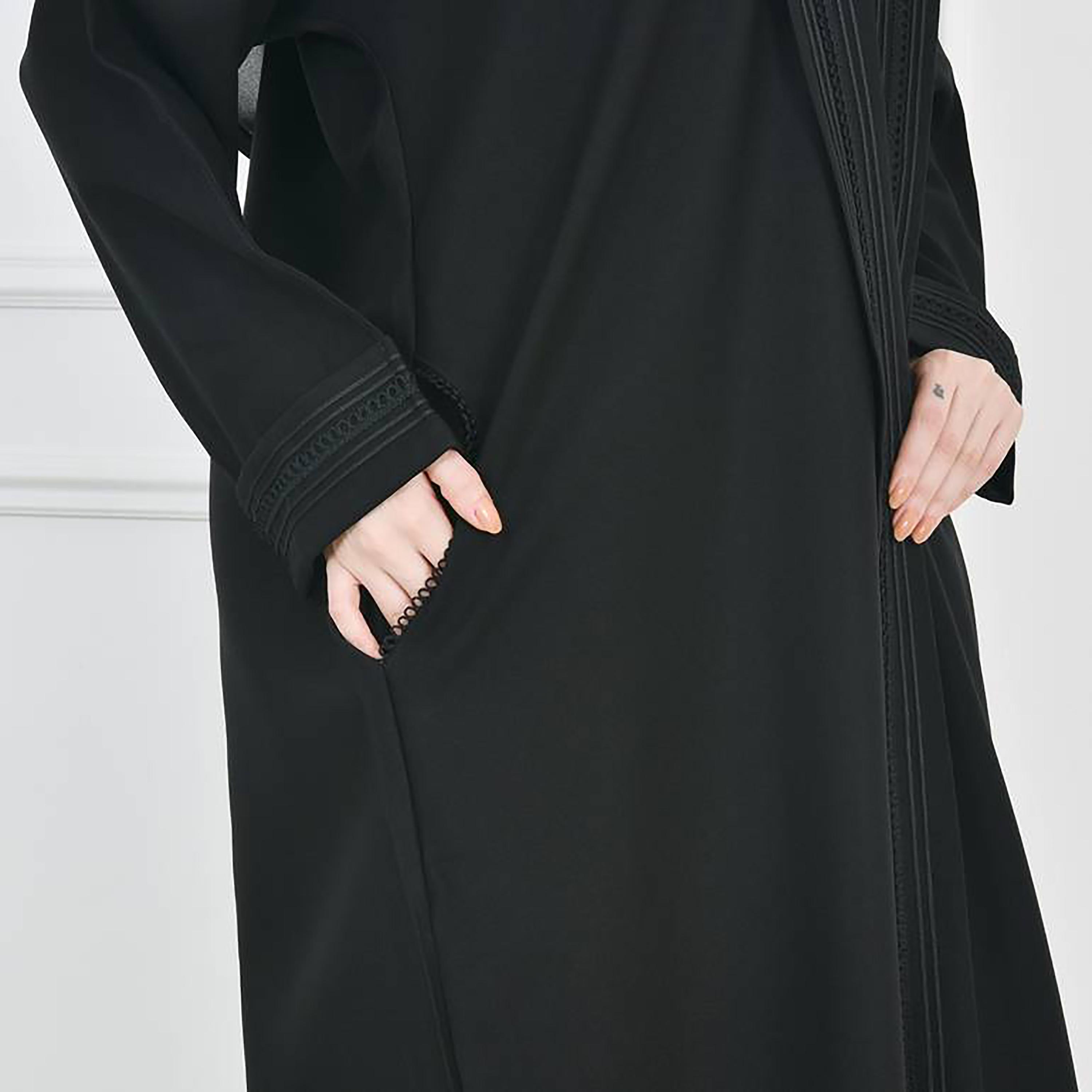 Hawraa Black Crepe Embroidered Wrap Abaya with Hijab-women-arabicclothing-abayas-image-4