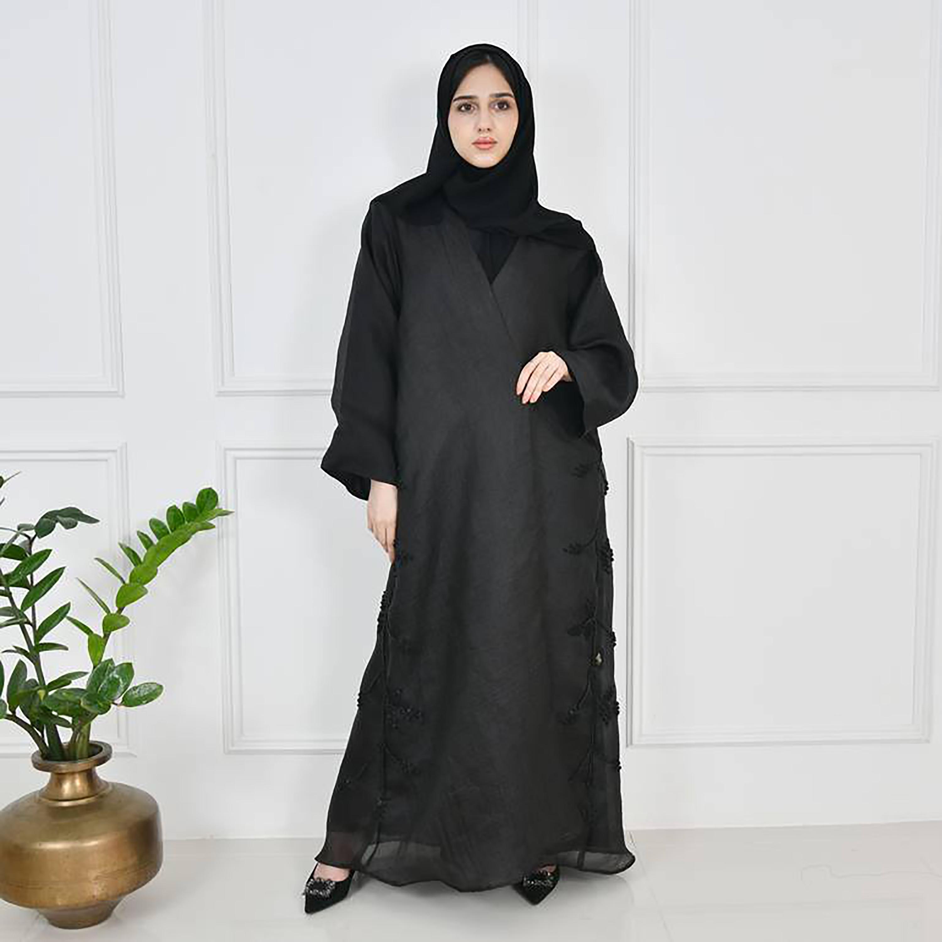 Hawraa Black Crepe Embroidered Wrap Two-Toned Abaya with Hijab-women-arabicclothing-abayas-image-1