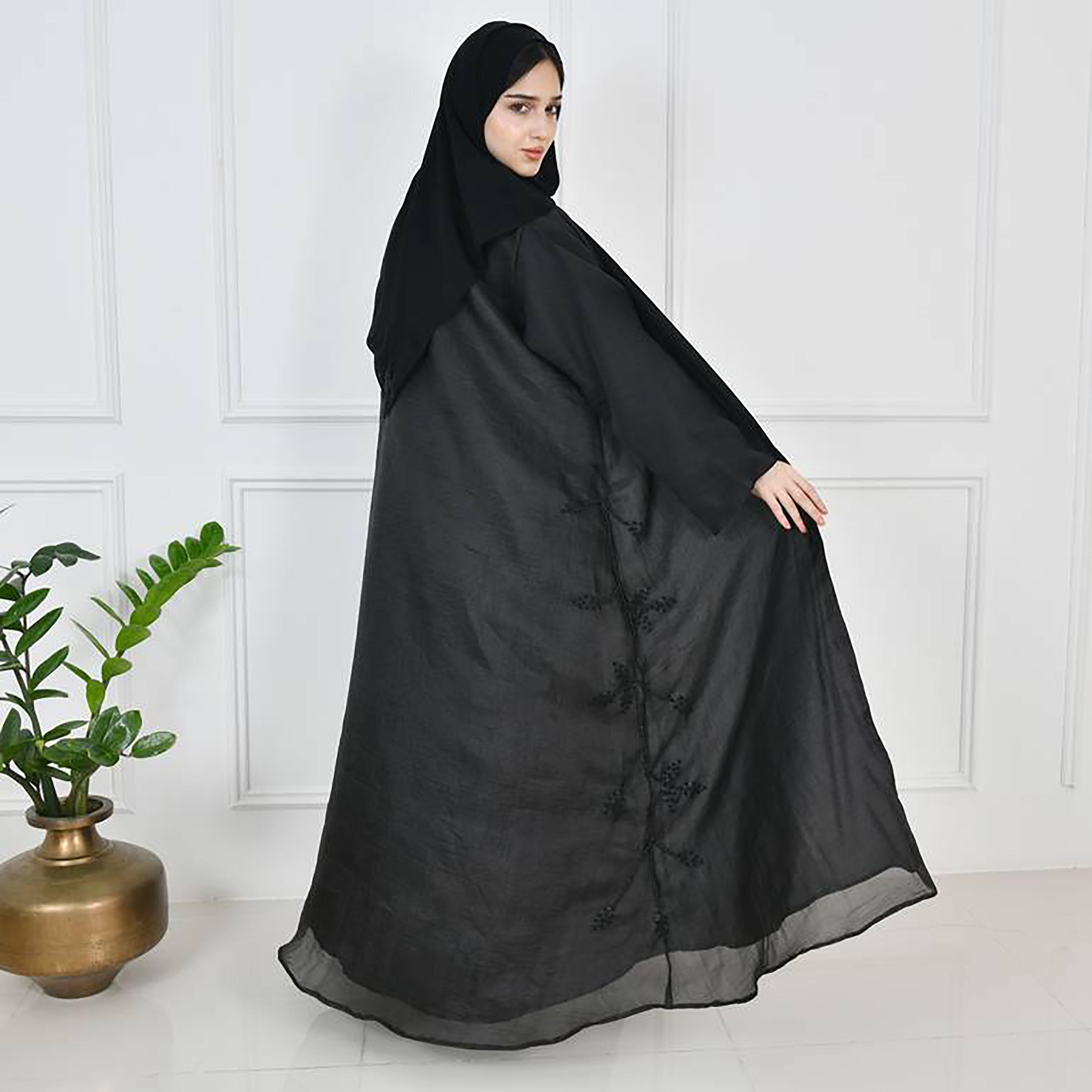 Hawraa Black Crepe Embroidered Wrap Two-Toned Abaya with Hijab-women-arabicclothing-abayas-image-4