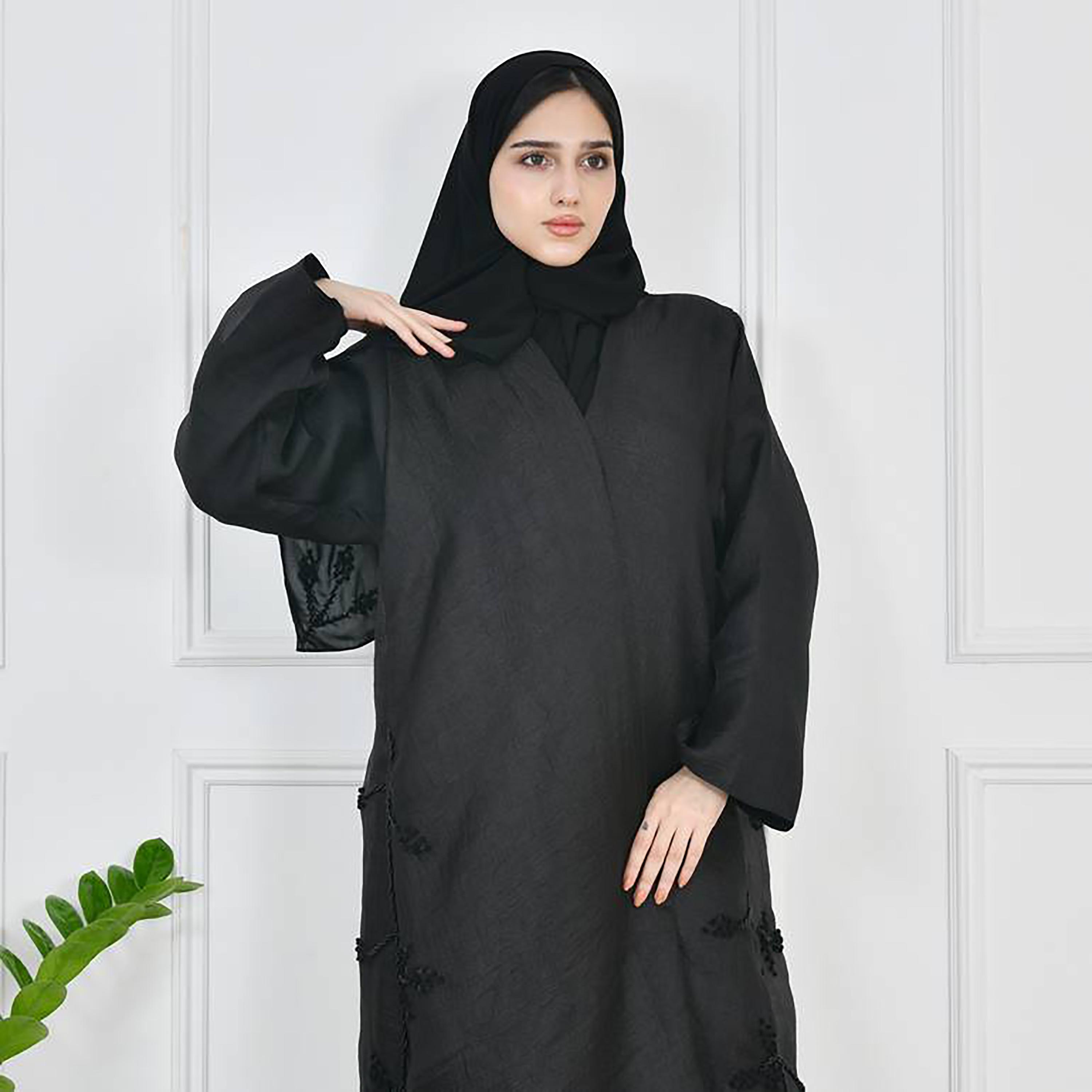 Hawraa Black Crepe Embroidered Wrap Two-Toned Abaya with Hijab-women-arabicclothing-abayas-image-2