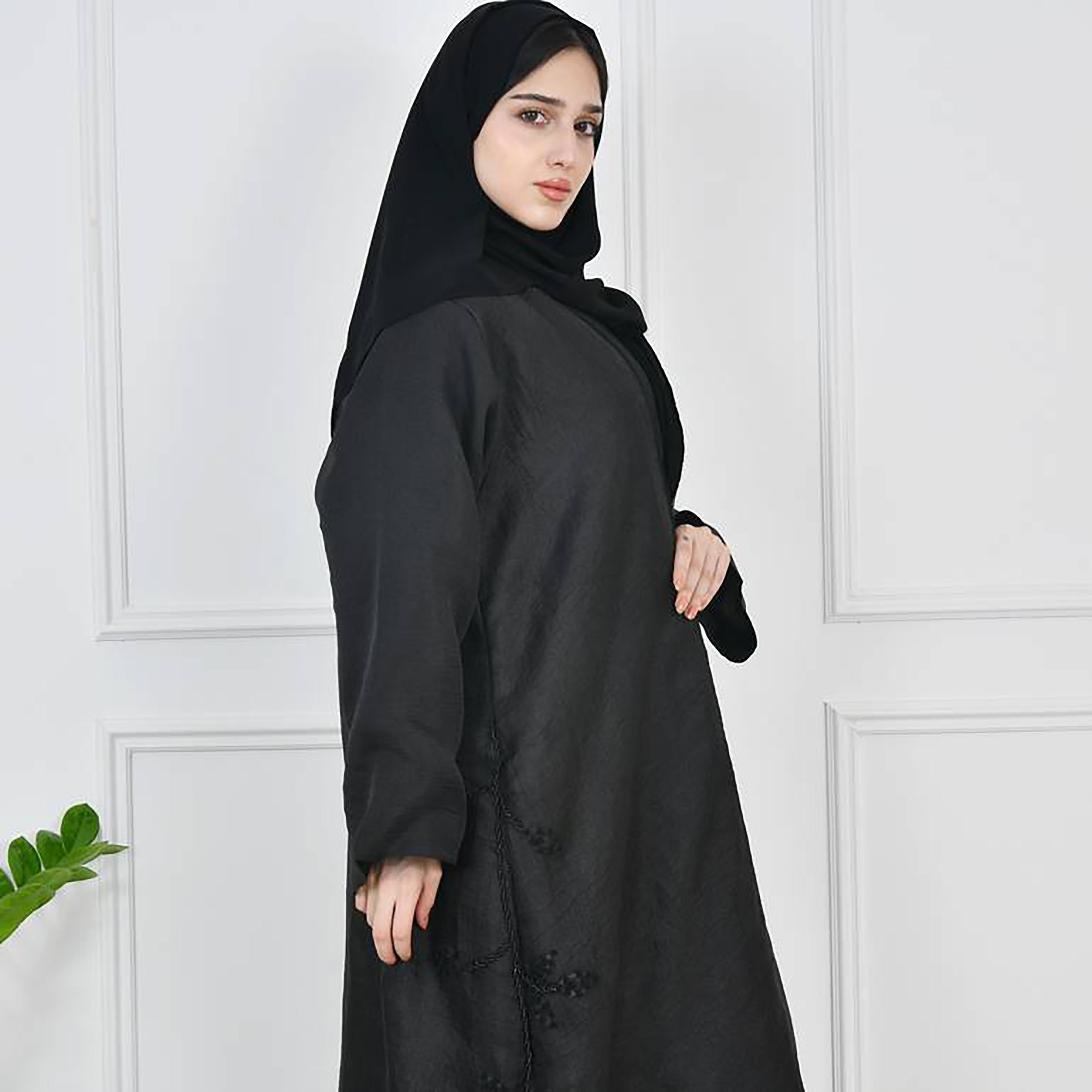 Hawraa Black Crepe Embroidered Wrap Two-Toned Abaya with Hijab-women-arabicclothing-abayas-image-3