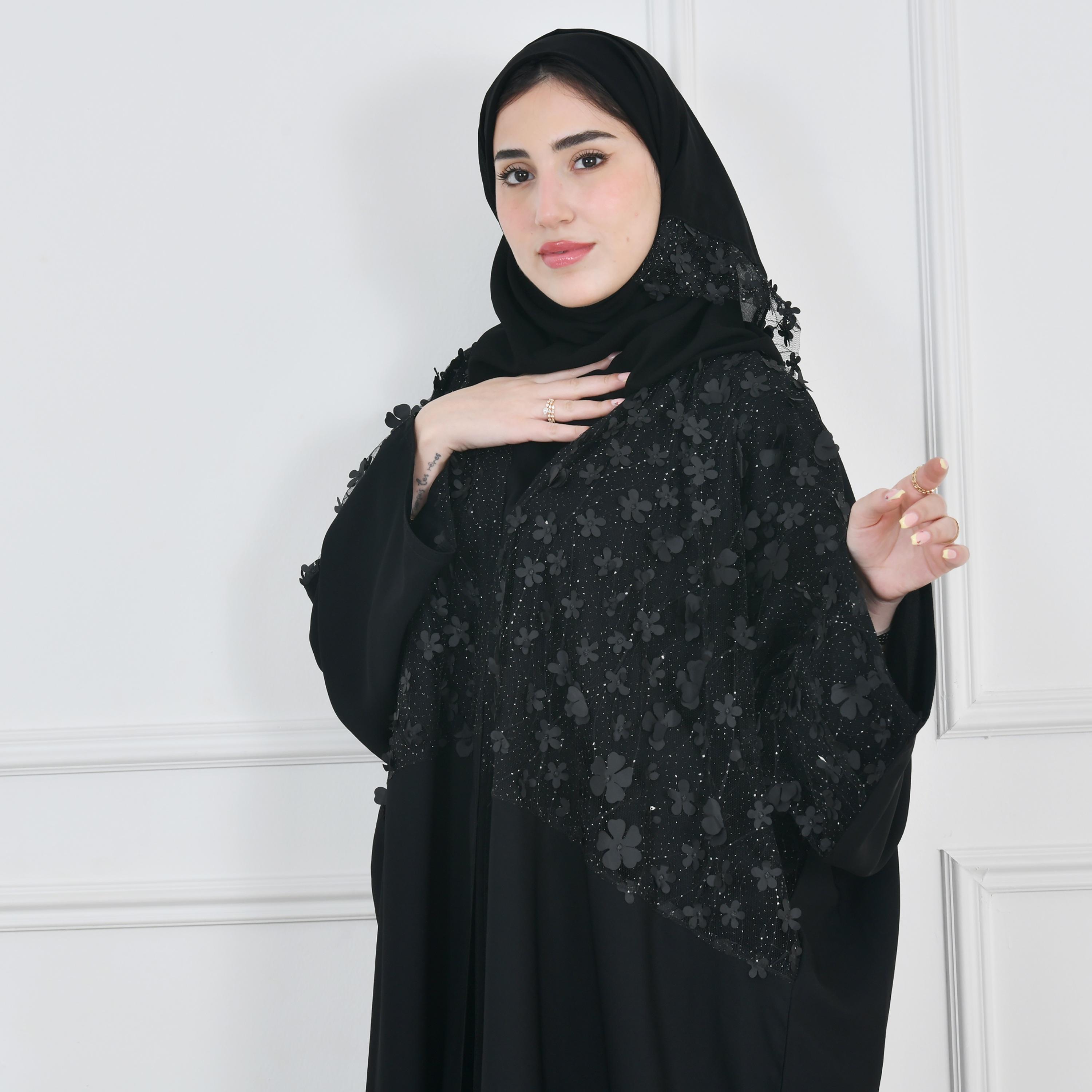 Hawraa Black Crepe Flowers Decorated Bisht Cut Abaya with Hijab-women-arabicclothing-abayas-image-2