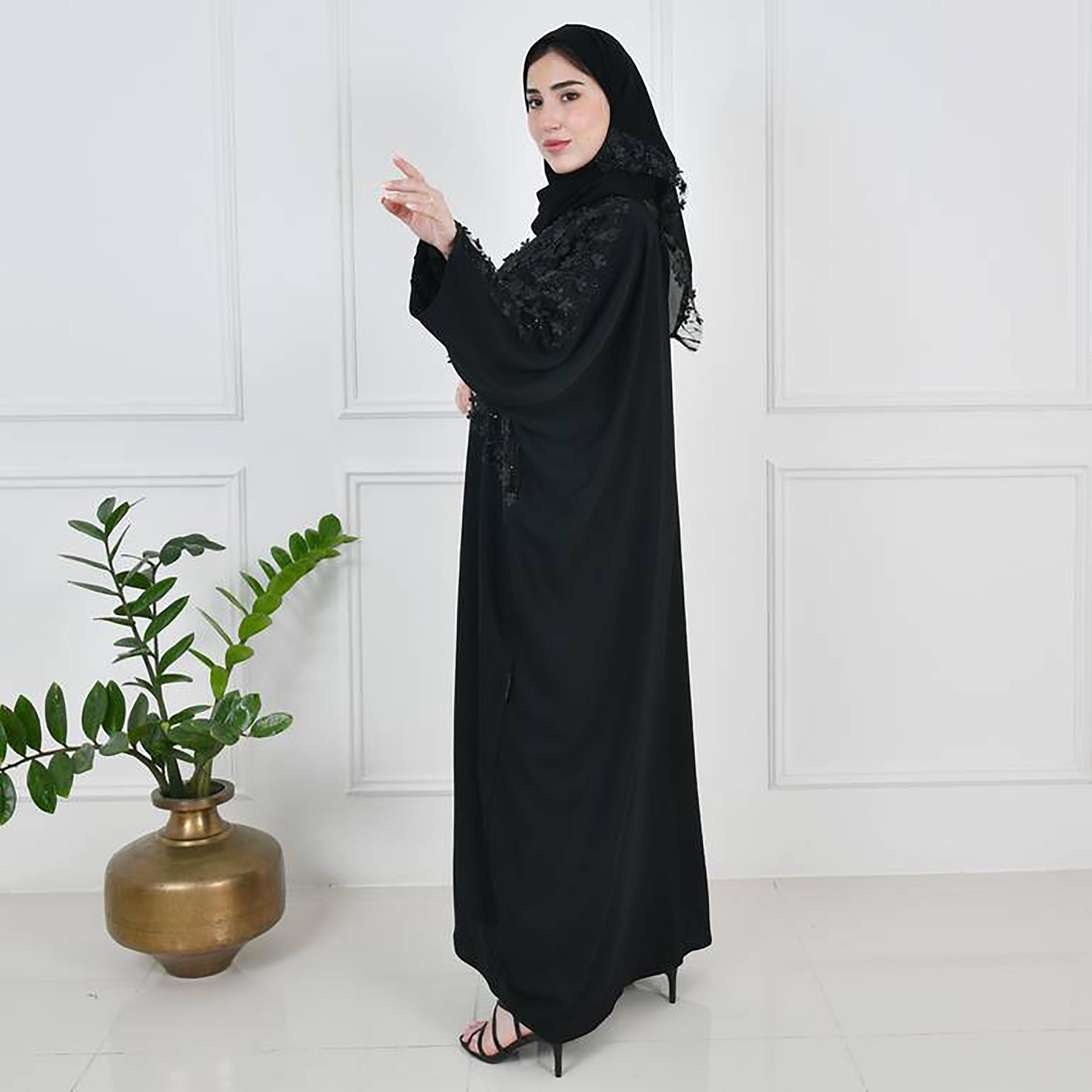 Hawraa Black Crepe Flowers Decorated Bisht Cut Abaya with Hijab-women-arabicclothing-abayas-image-4