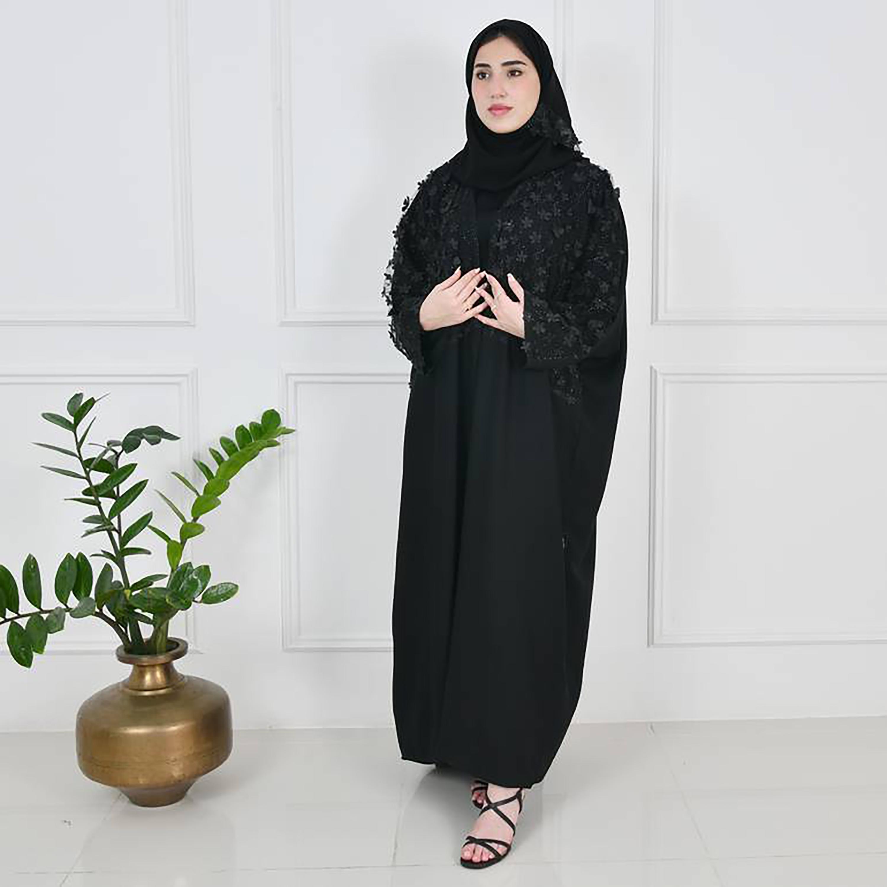 Hawraa Black Crepe Flowers Decorated Bisht Cut Abaya with Hijab-women-arabicclothing-abayas-image-1