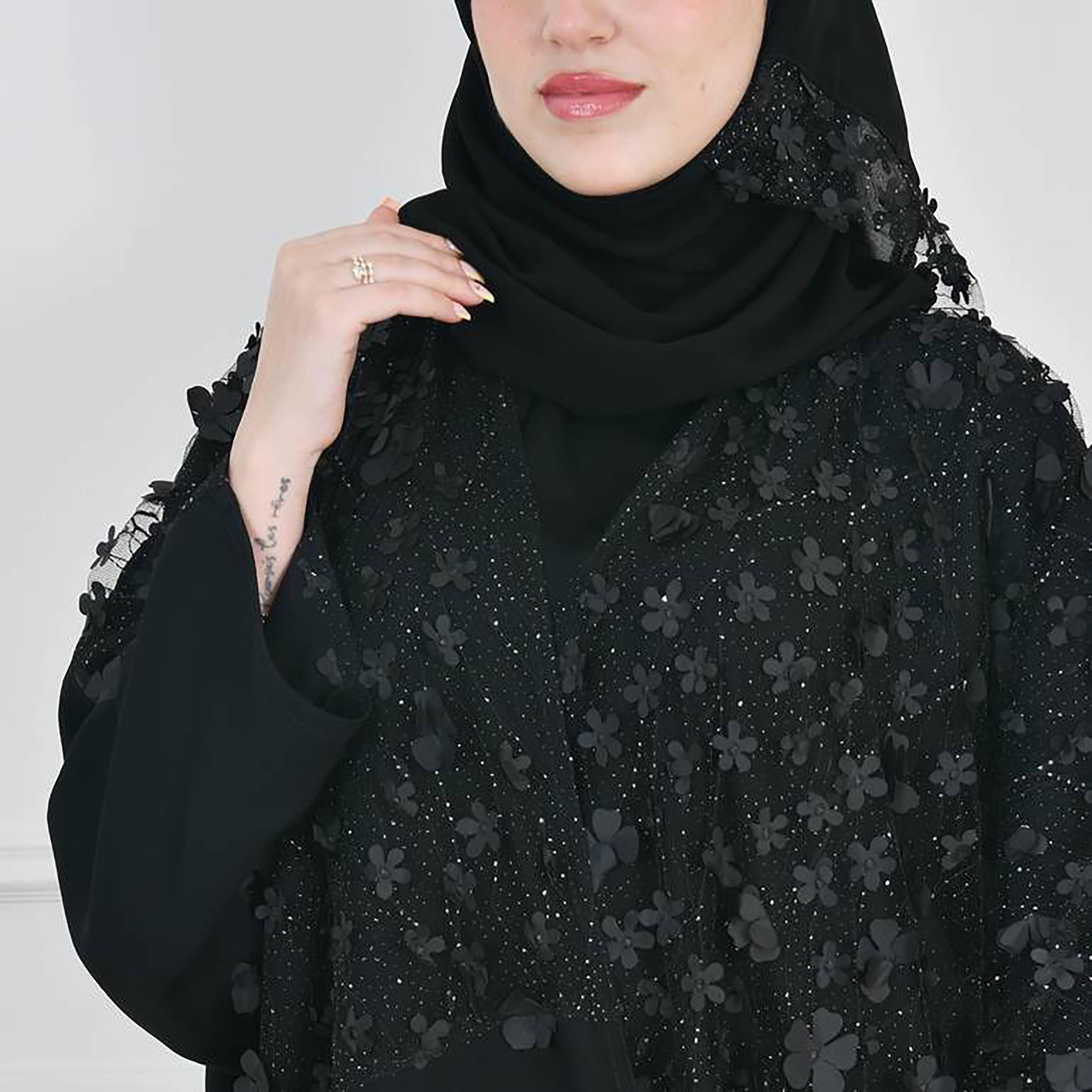 Hawraa Black Crepe Flowers Decorated Bisht Cut Abaya with Hijab-women-arabicclothing-abayas-image-3
