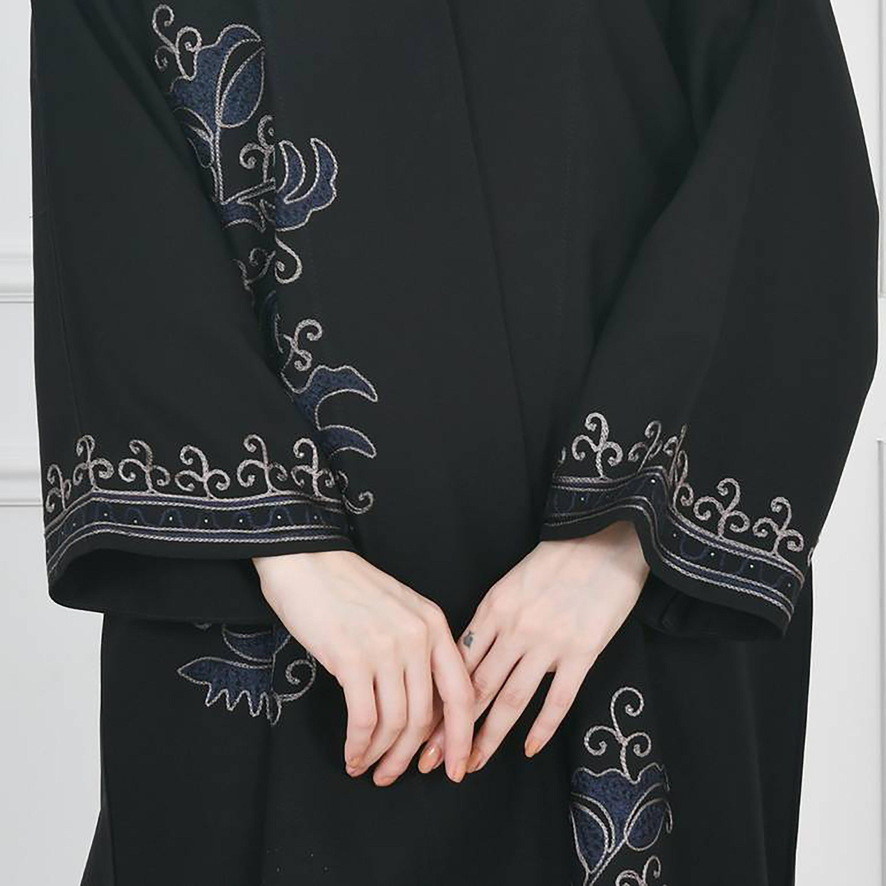 Hawraa Black Flared Sleeves Crepe Embroidered Wrap Abaya with Hijab-women-arabicclothing-abayas-image-3