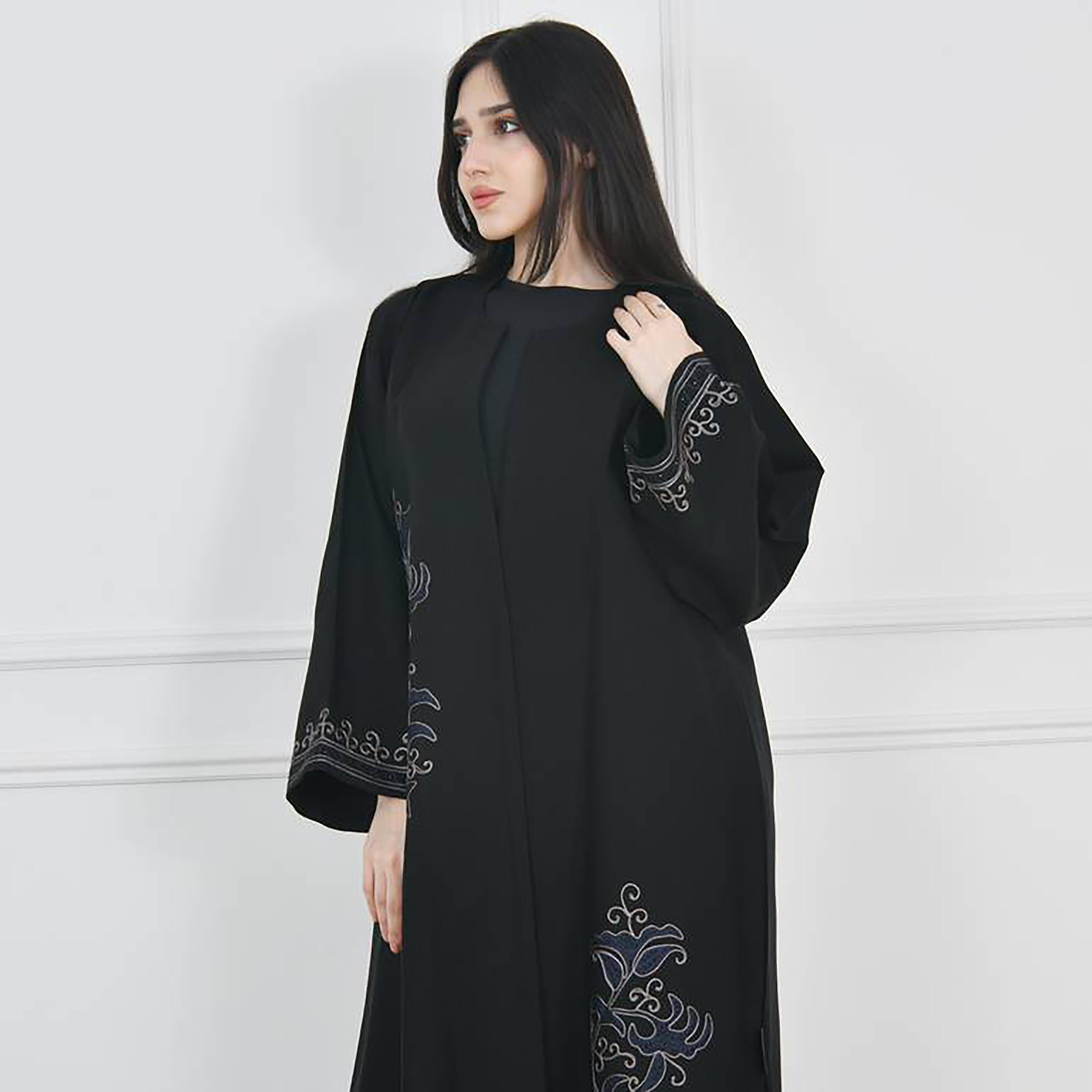 Hawraa Black Flared Sleeves Crepe Embroidered Wrap Abaya with Hijab-women-arabicclothing-abayas-image-4