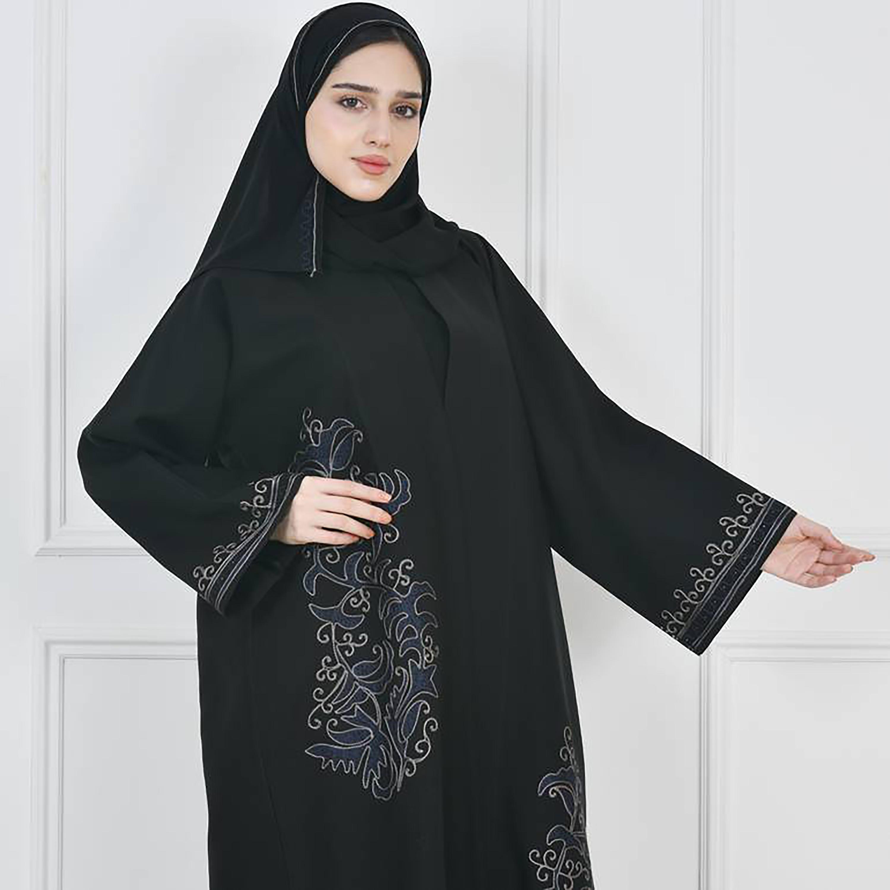 Hawraa Black Flared Sleeves Crepe Embroidered Wrap Abaya with Hijab-women-arabicclothing-abayas-image-1