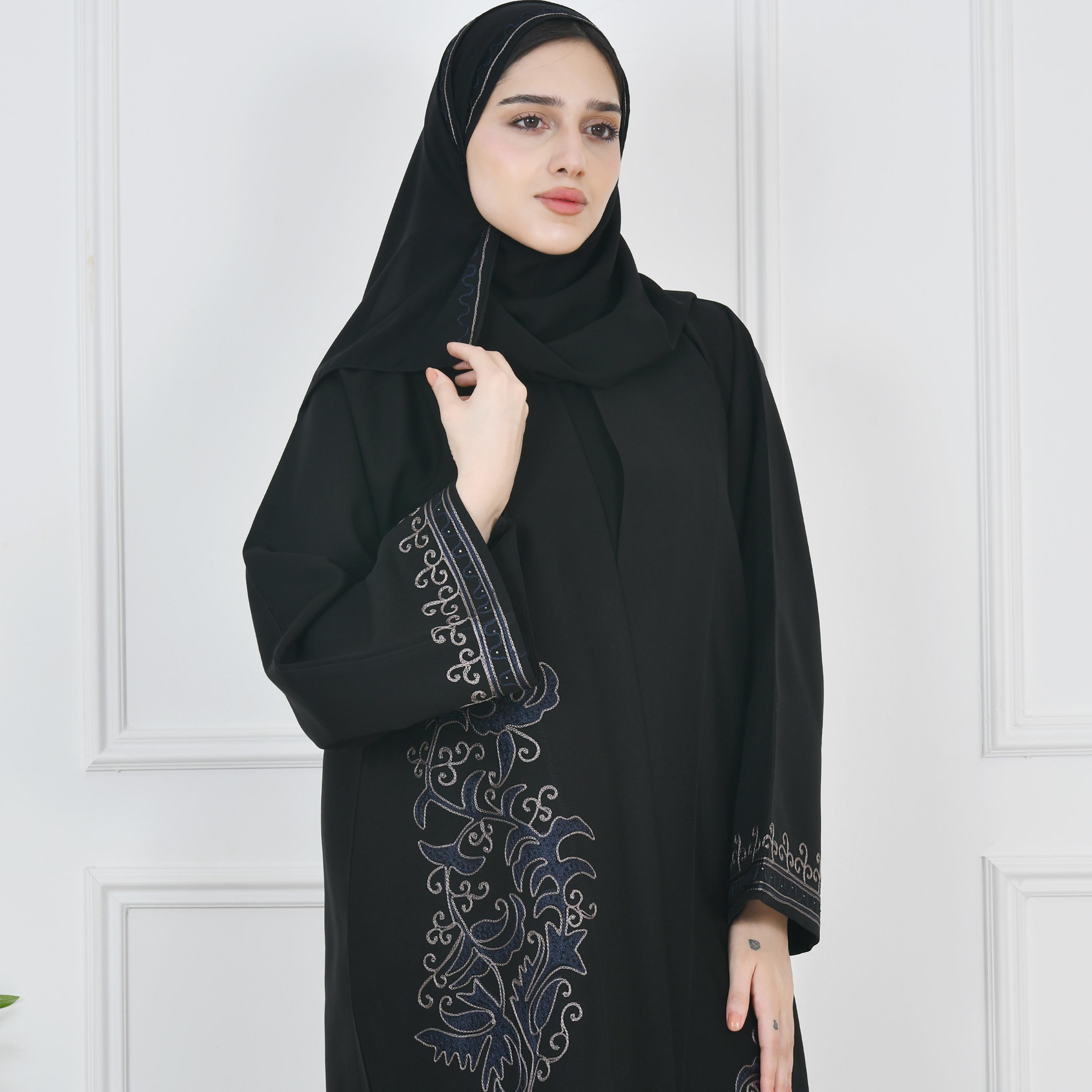 Hawraa Black Flared Sleeves Crepe Embroidered Wrap Abaya with Hijab-women-arabicclothing-abayas-image-2