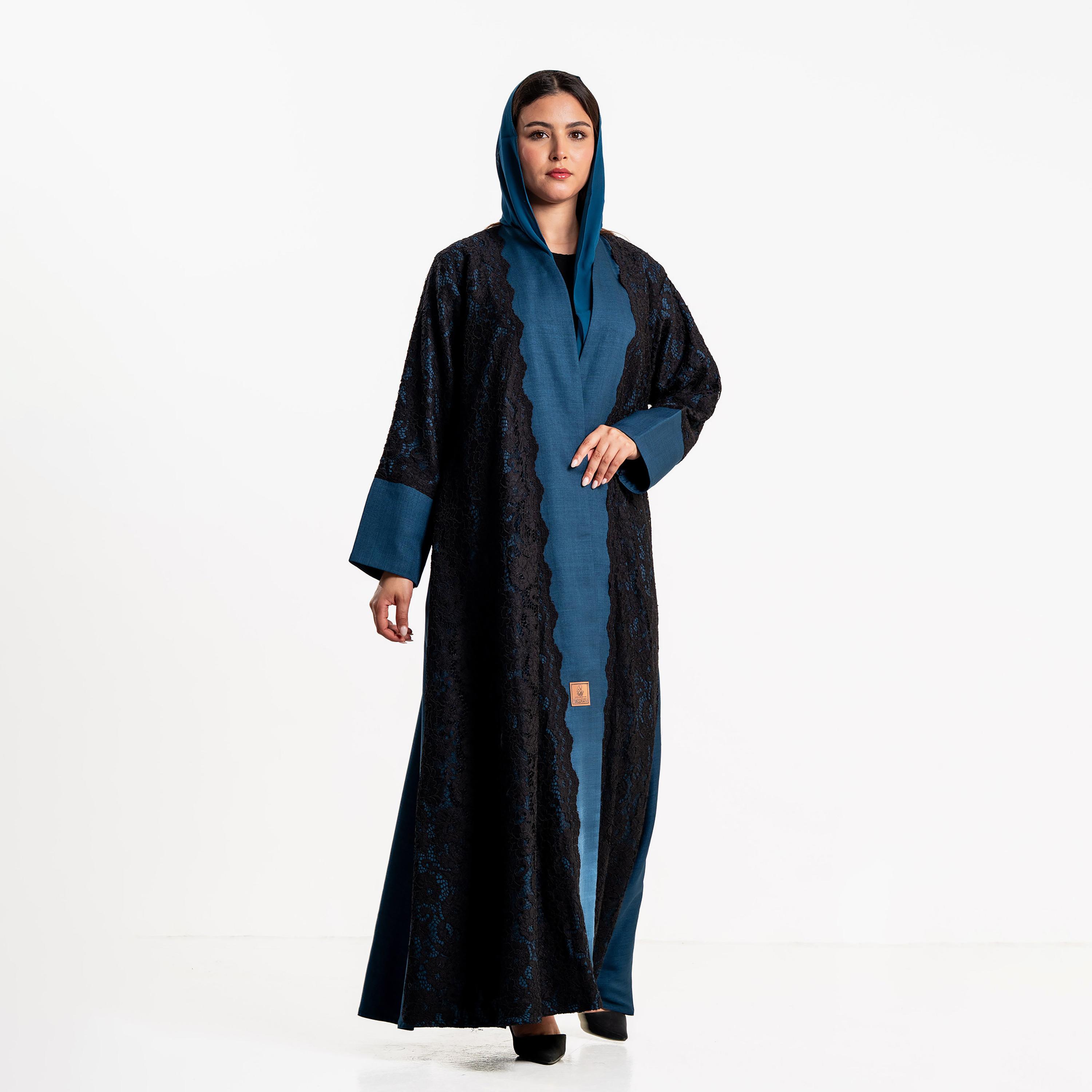 Zahiyh Blue Lace Panelled Wide Cuff Sleeves Women's Evening Abaya with Hijab-women-arabicclothing-abayas-image-1