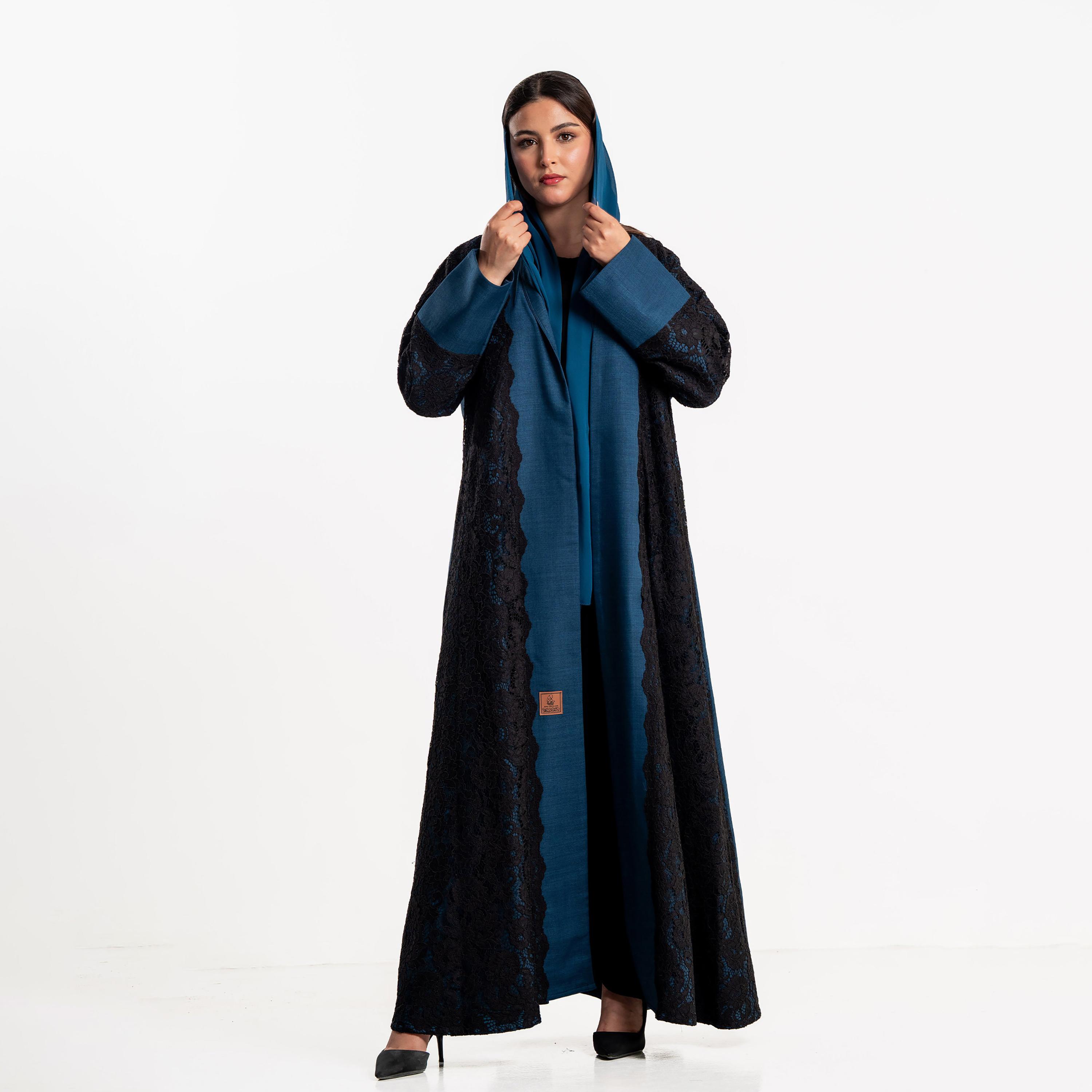 Zahiyh Blue Lace Panelled Wide Cuff Sleeves Women's Evening Abaya with Hijab-women-arabicclothing-abayas-image-2