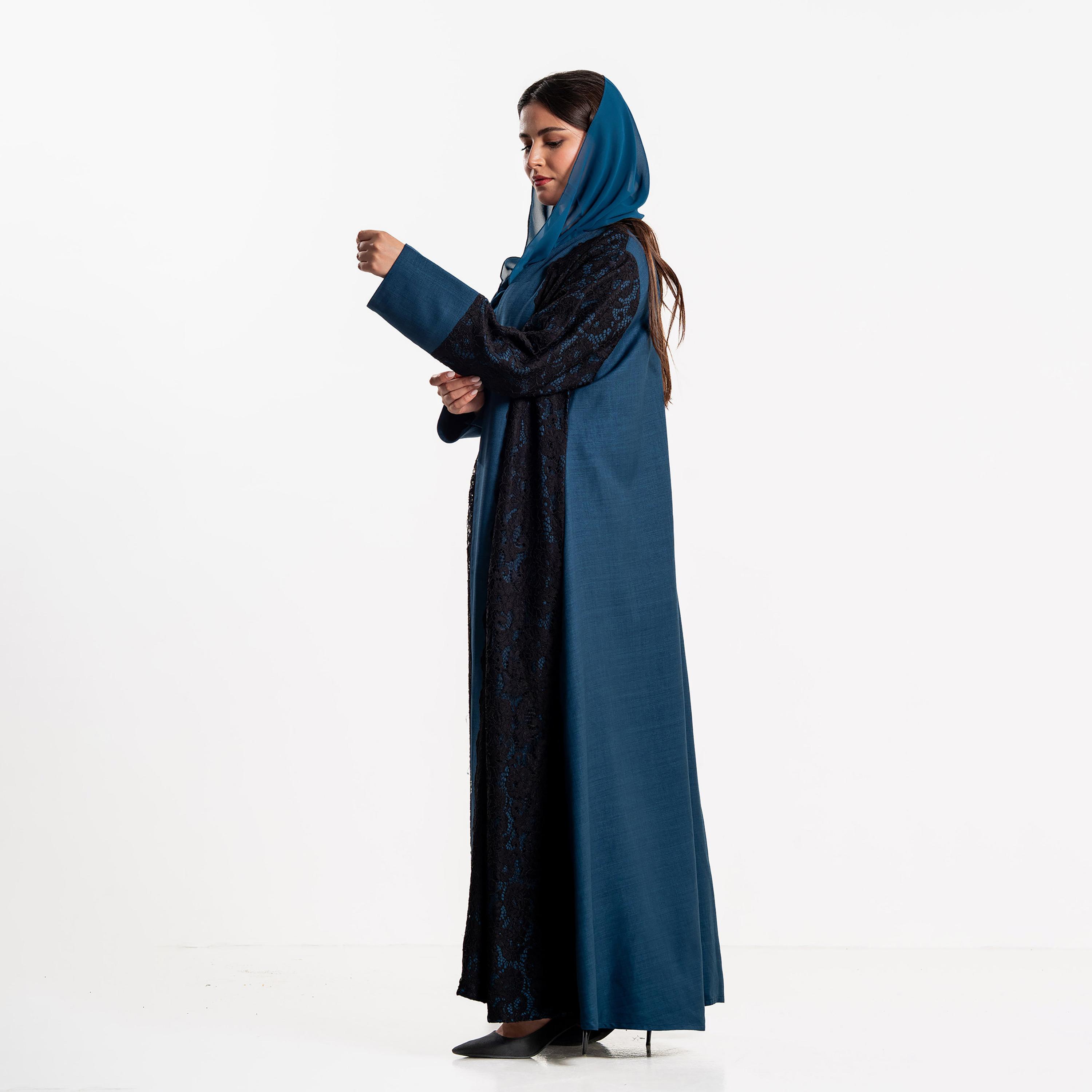 Zahiyh Blue Lace Panelled Wide Cuff Sleeves Women's Evening Abaya with Hijab-women-arabicclothing-abayas-image-3