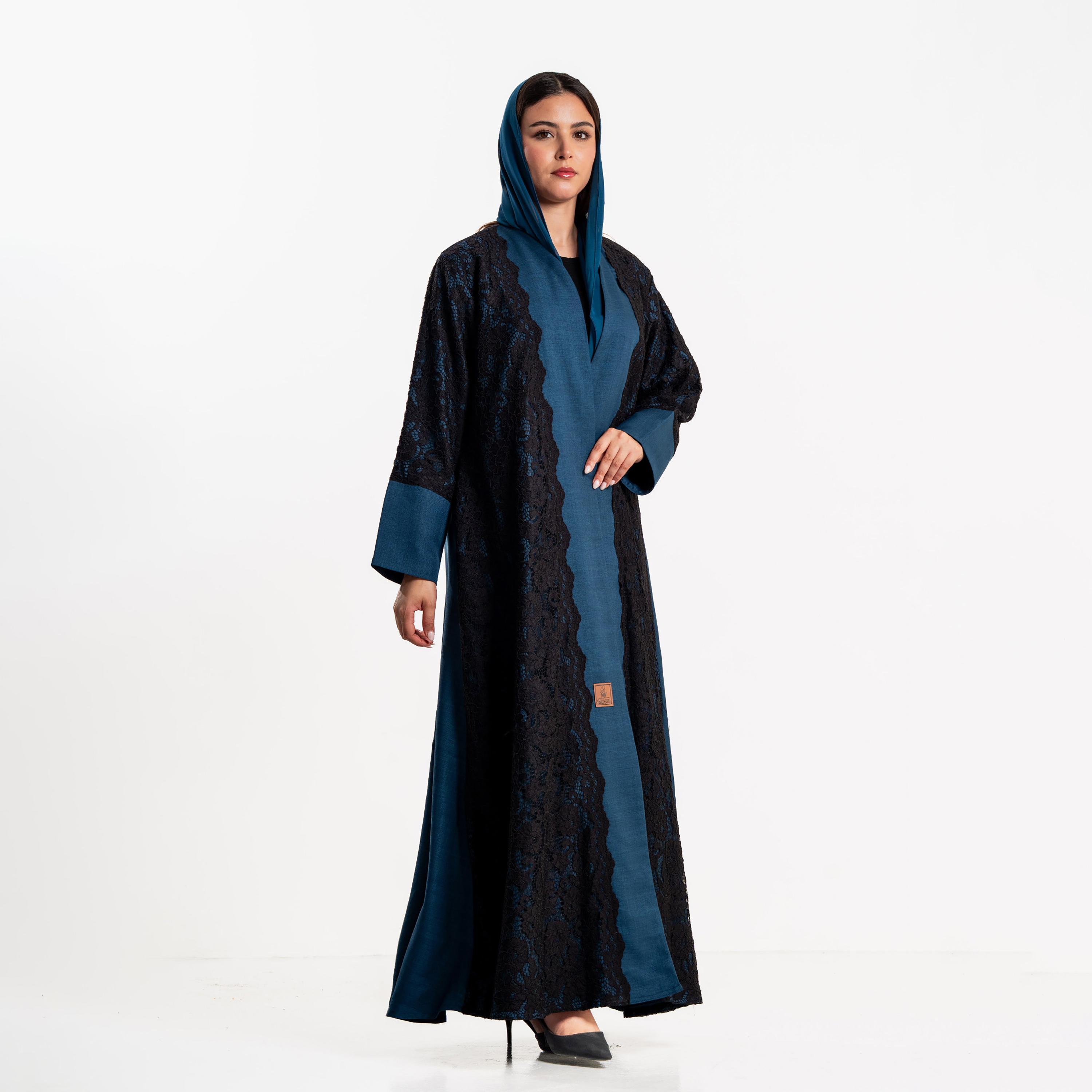 Zahiyh Blue Lace Panelled Wide Cuff Sleeves Women's Evening Abaya with Hijab-women-arabicclothing-abayas-image-4