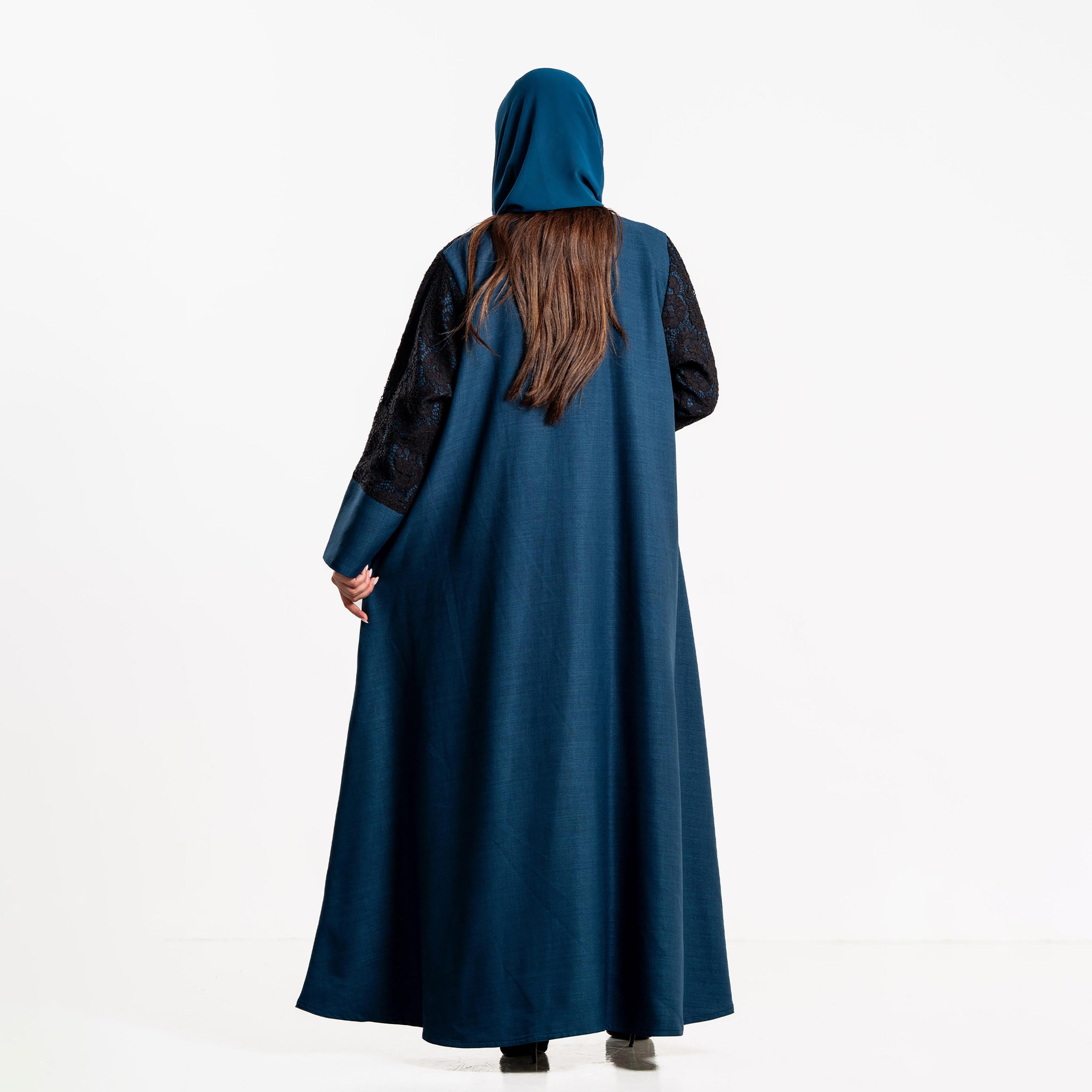 Zahiyh Blue Lace Panelled Wide Cuff Sleeves Women's Evening Abaya with Hijab-women-arabicclothing-abayas-image-5