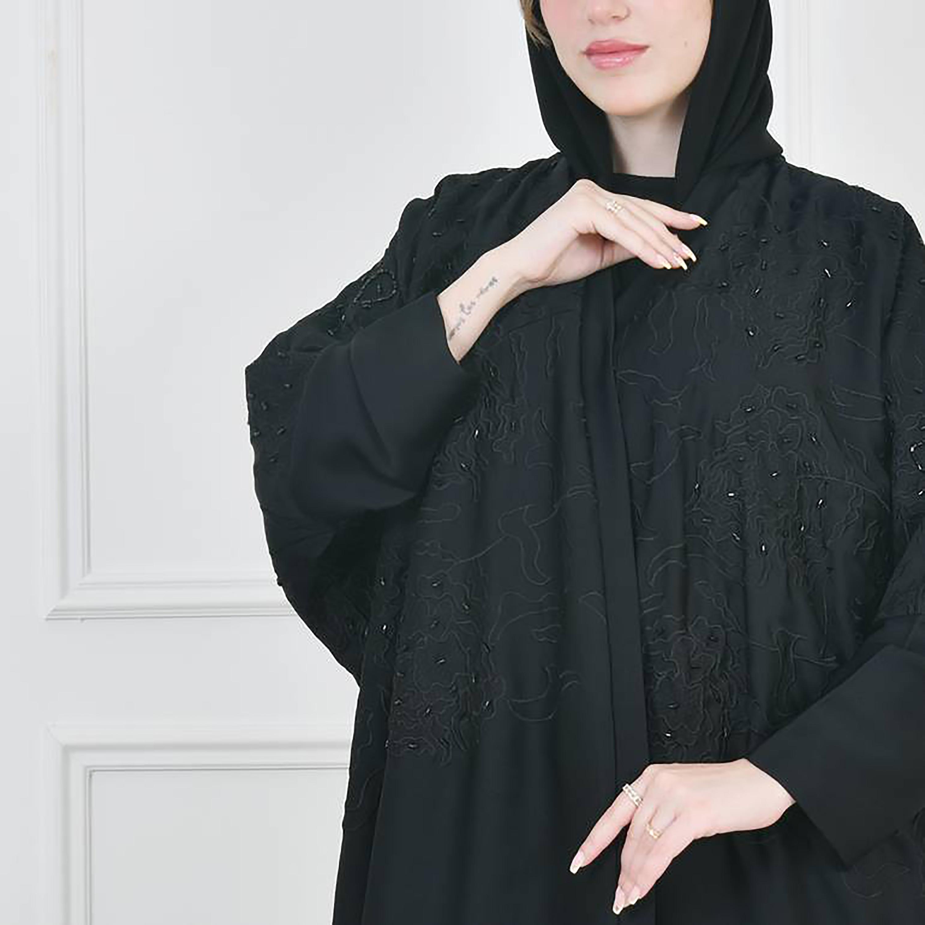 Hawraa Black Batwing Sleeves Crepe Embroidered Wrap Abaya with Hijab-women-arabicclothing-abayas-image-3