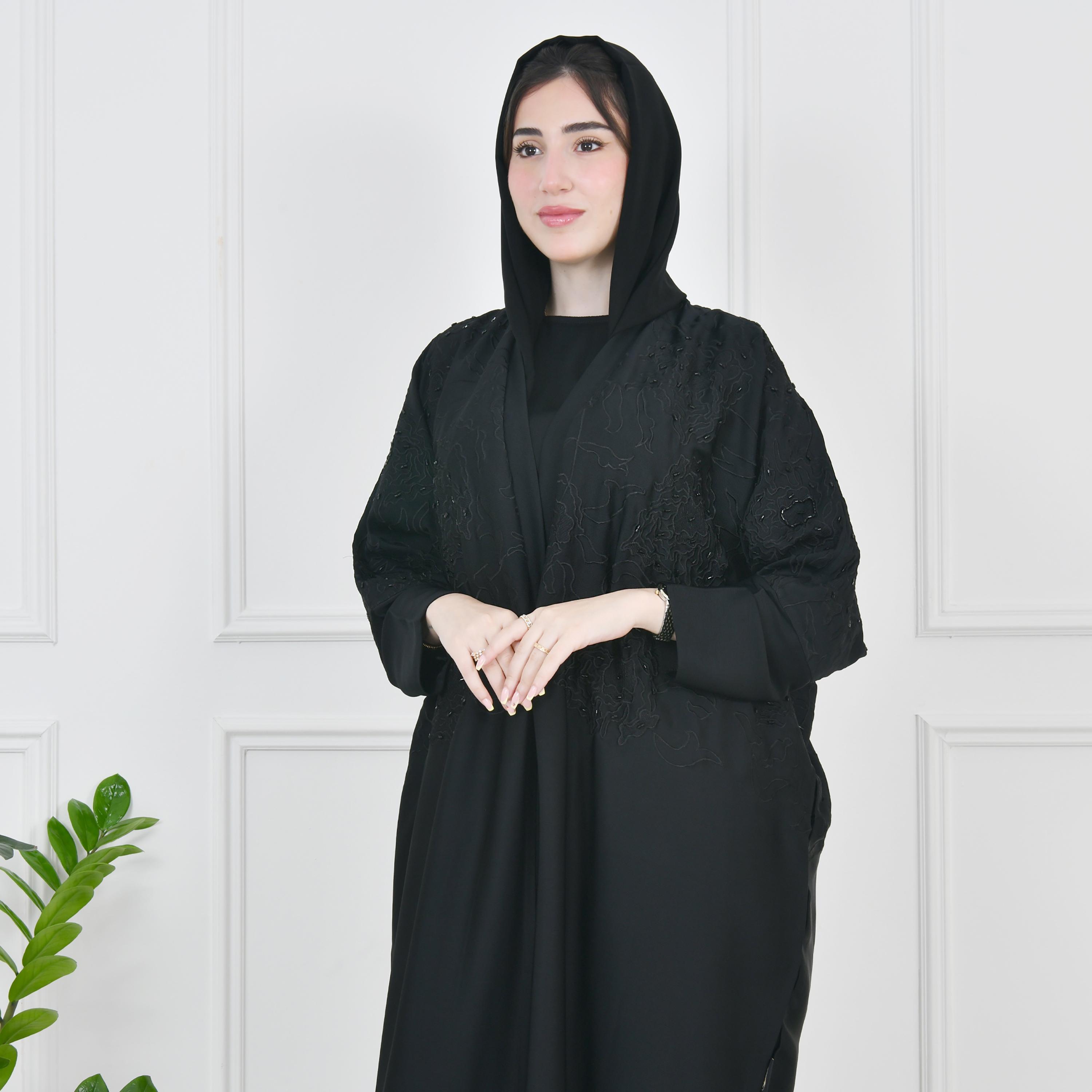 Hawraa Black Batwing Sleeves Crepe Embroidered Wrap Abaya with Hijab-women-arabicclothing-abayas-image-1