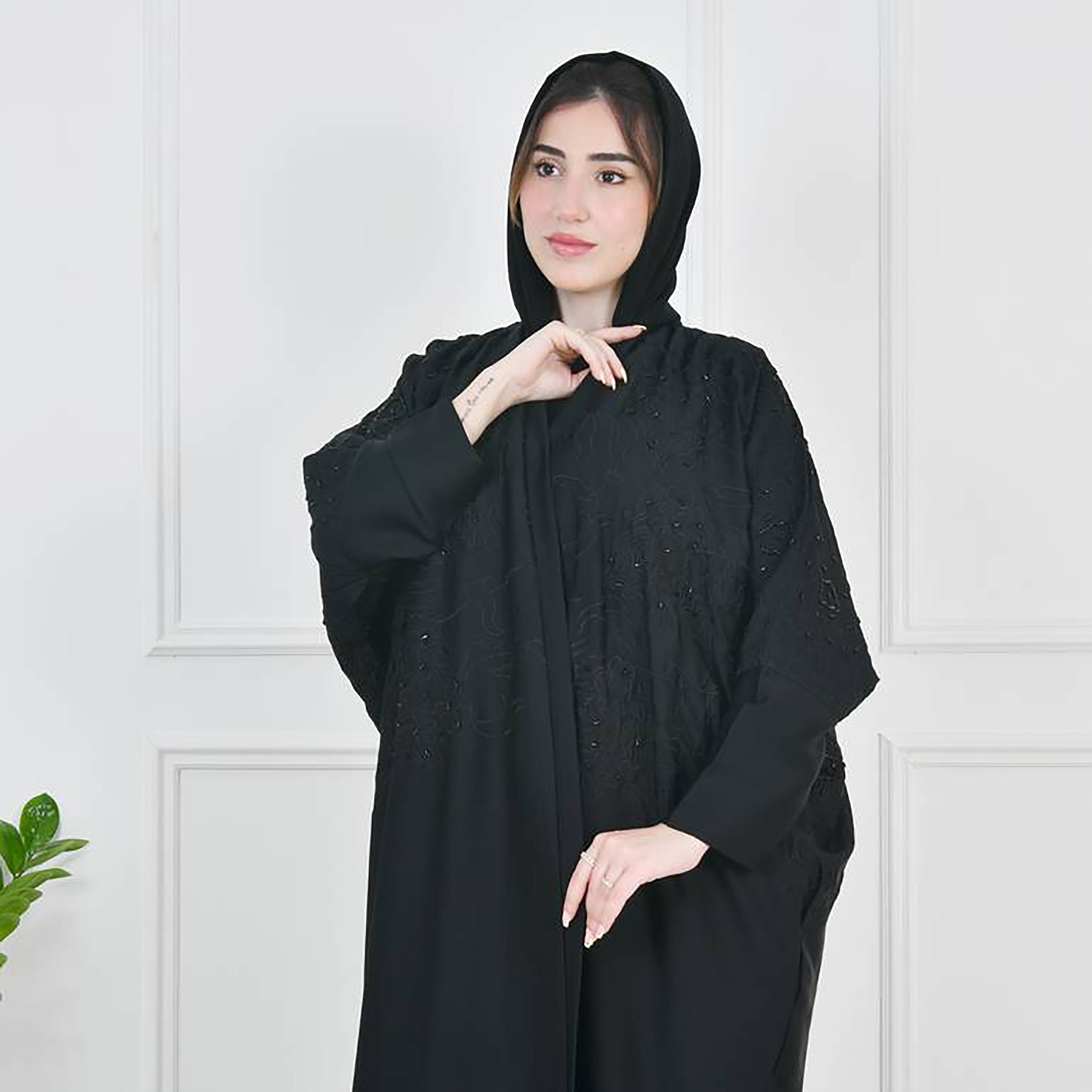 Hawraa Black Batwing Sleeves Crepe Embroidered Wrap Abaya with Hijab-women-arabicclothing-abayas-image-2