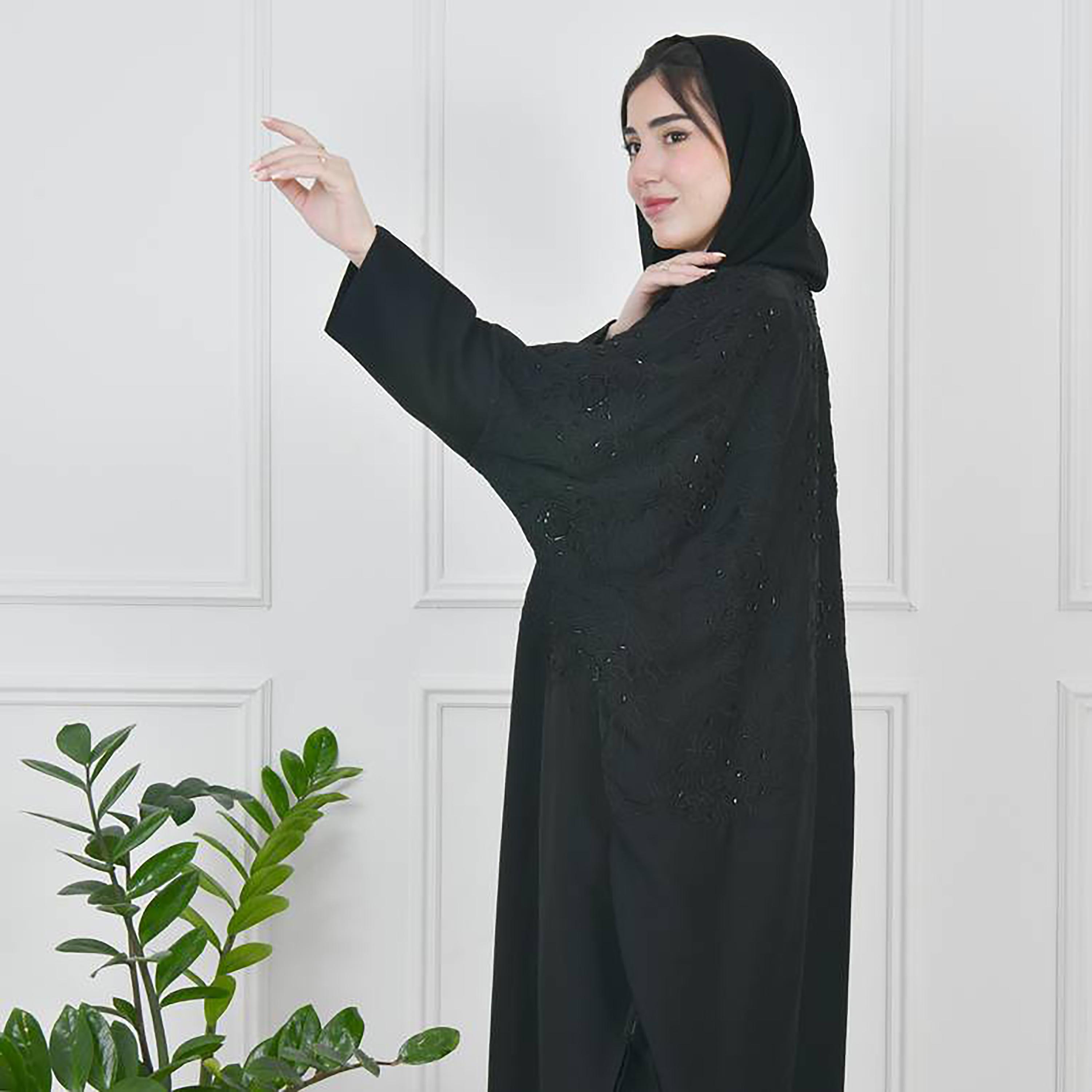 Hawraa Black Batwing Sleeves Crepe Embroidered Wrap Abaya with Hijab-women-arabicclothing-abayas-image-4