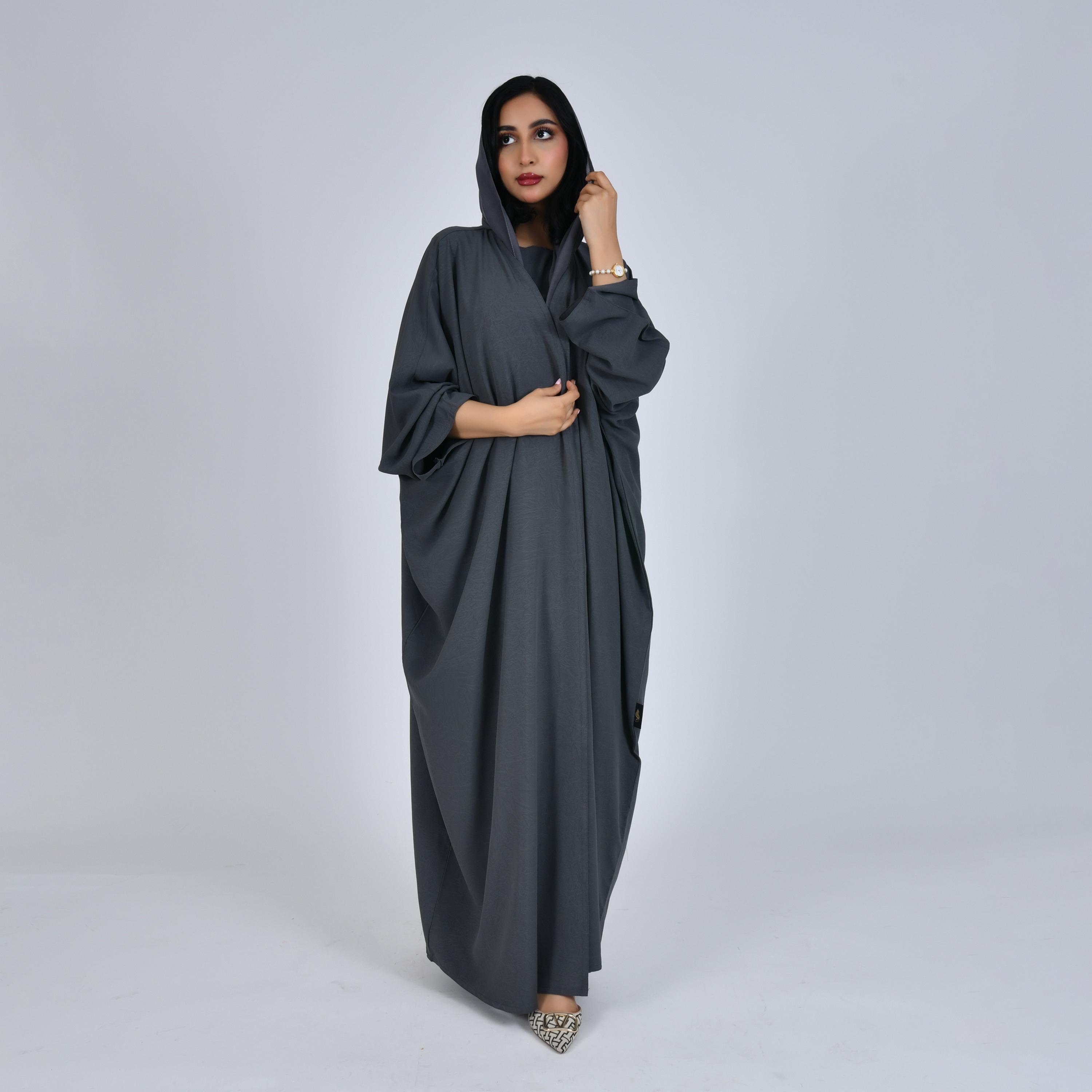 Hawraa Grey Front-Open Batwing Sleeves Women Abaya with Hijab-women-arabicclothing-abayas-image-1