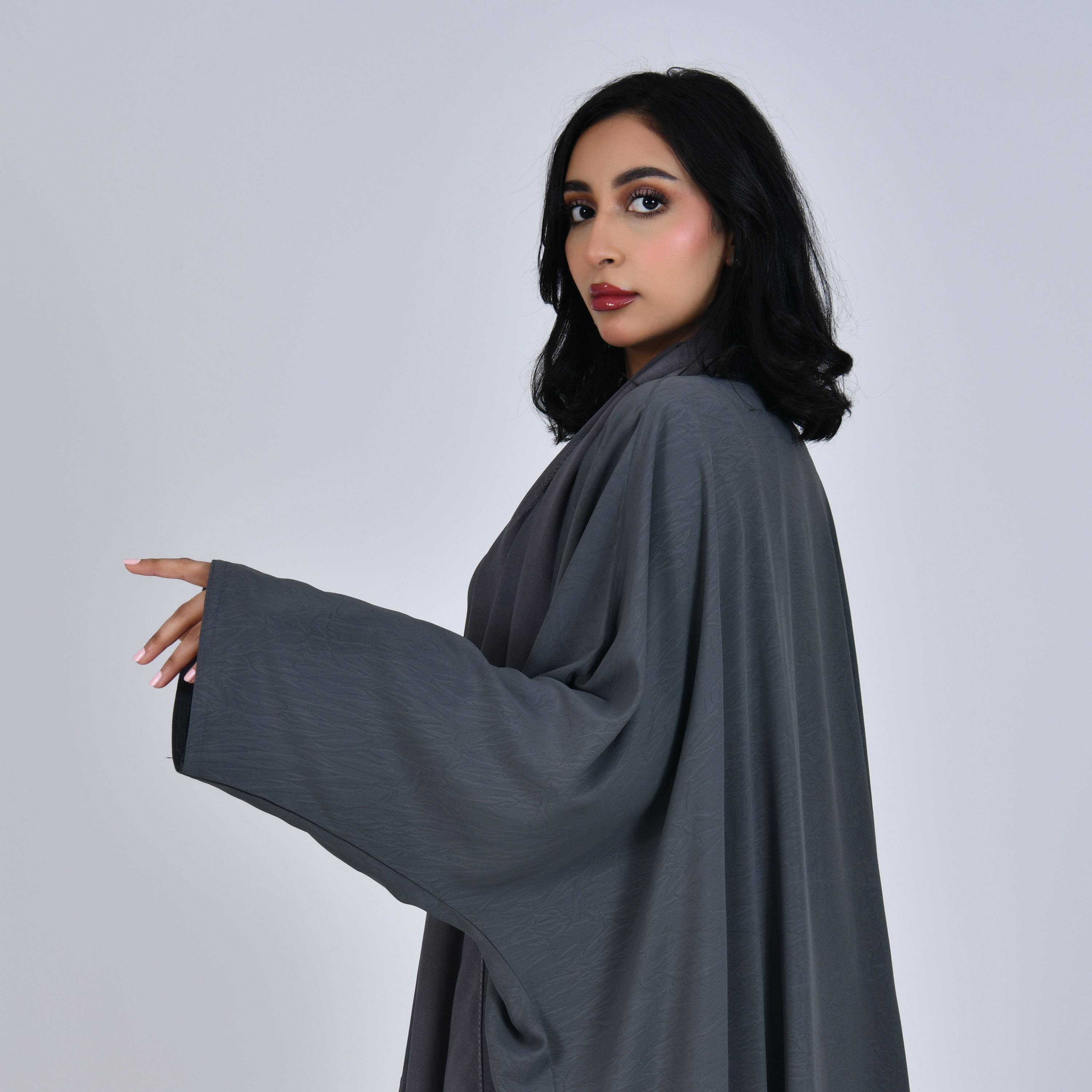 Hawraa Grey Front-Open Batwing Sleeves Women Abaya with Hijab-women-arabicclothing-abayas-image-2