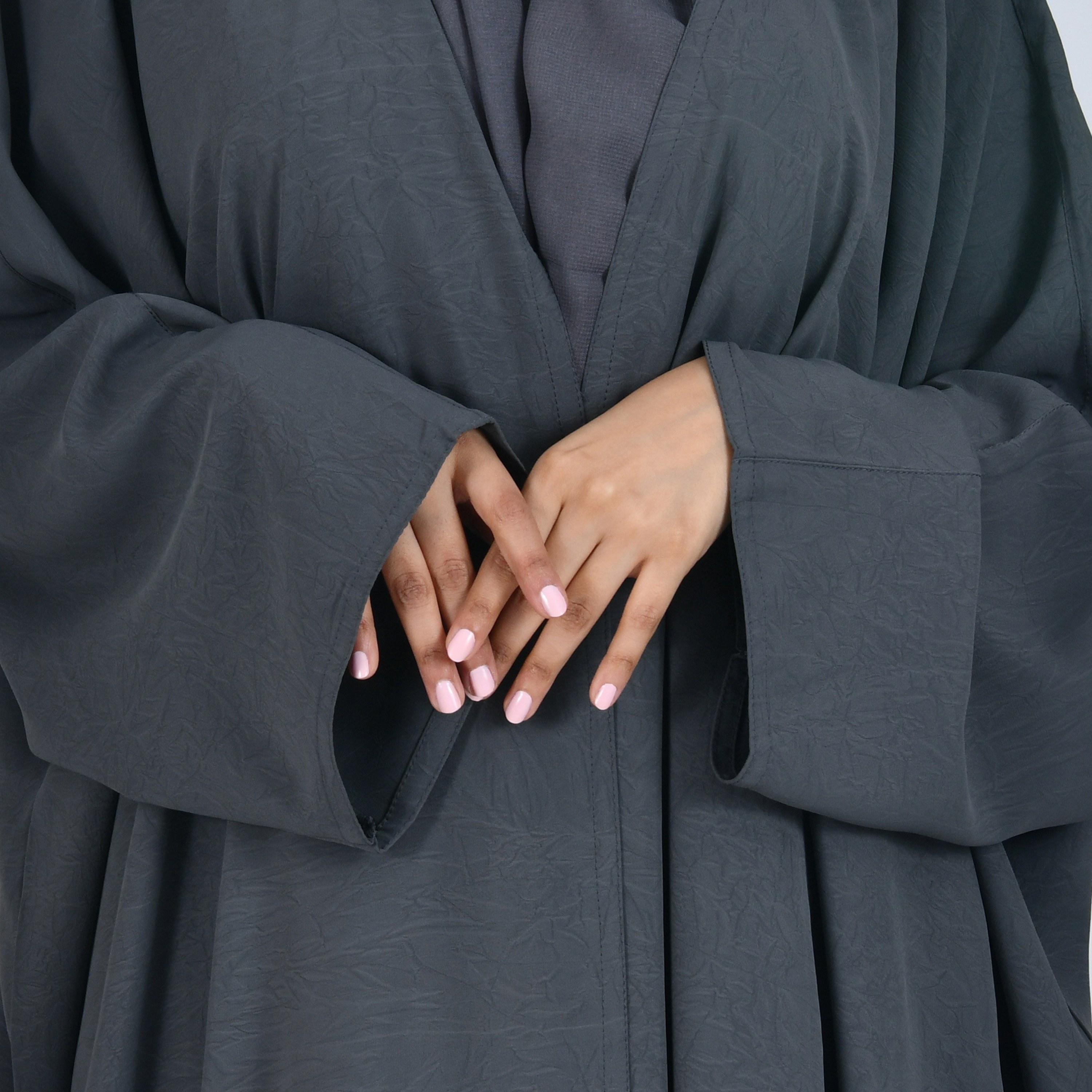 Hawraa Grey Front-Open Batwing Sleeves Women Abaya with Hijab-women-arabicclothing-abayas-image-3