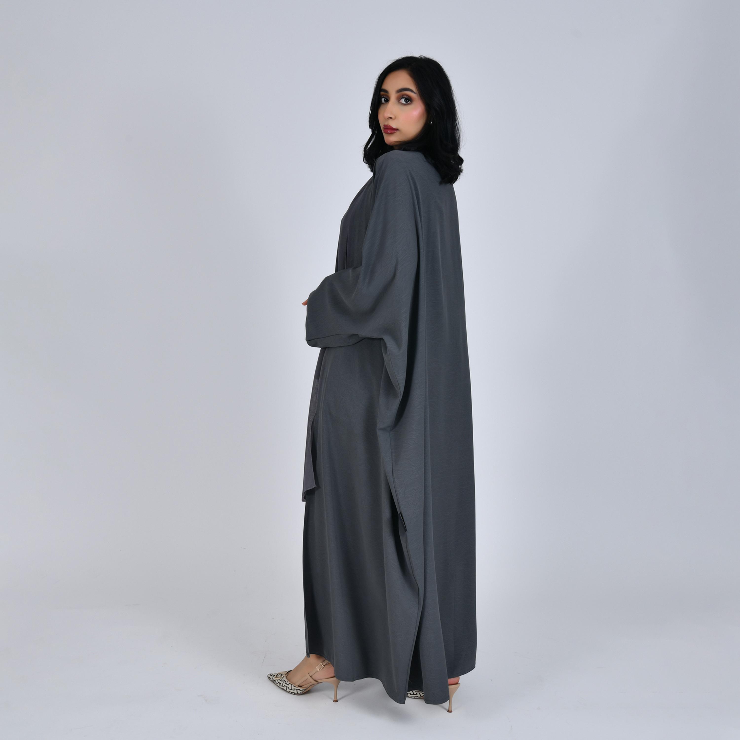 Hawraa Grey Front-Open Batwing Sleeves Women Abaya with Hijab-women-arabicclothing-abayas-image-4
