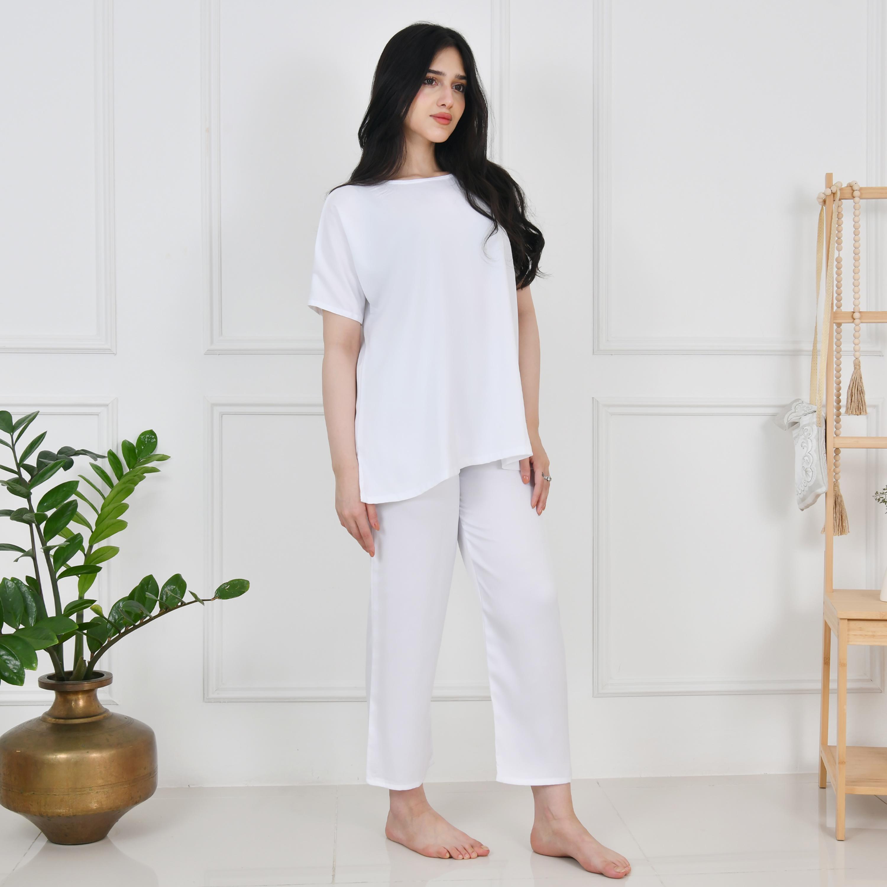 Hawraa White Linen Women's Under Under Abaya Top and Trouser Set-women-arabicclothing-prayerclothing-image-3