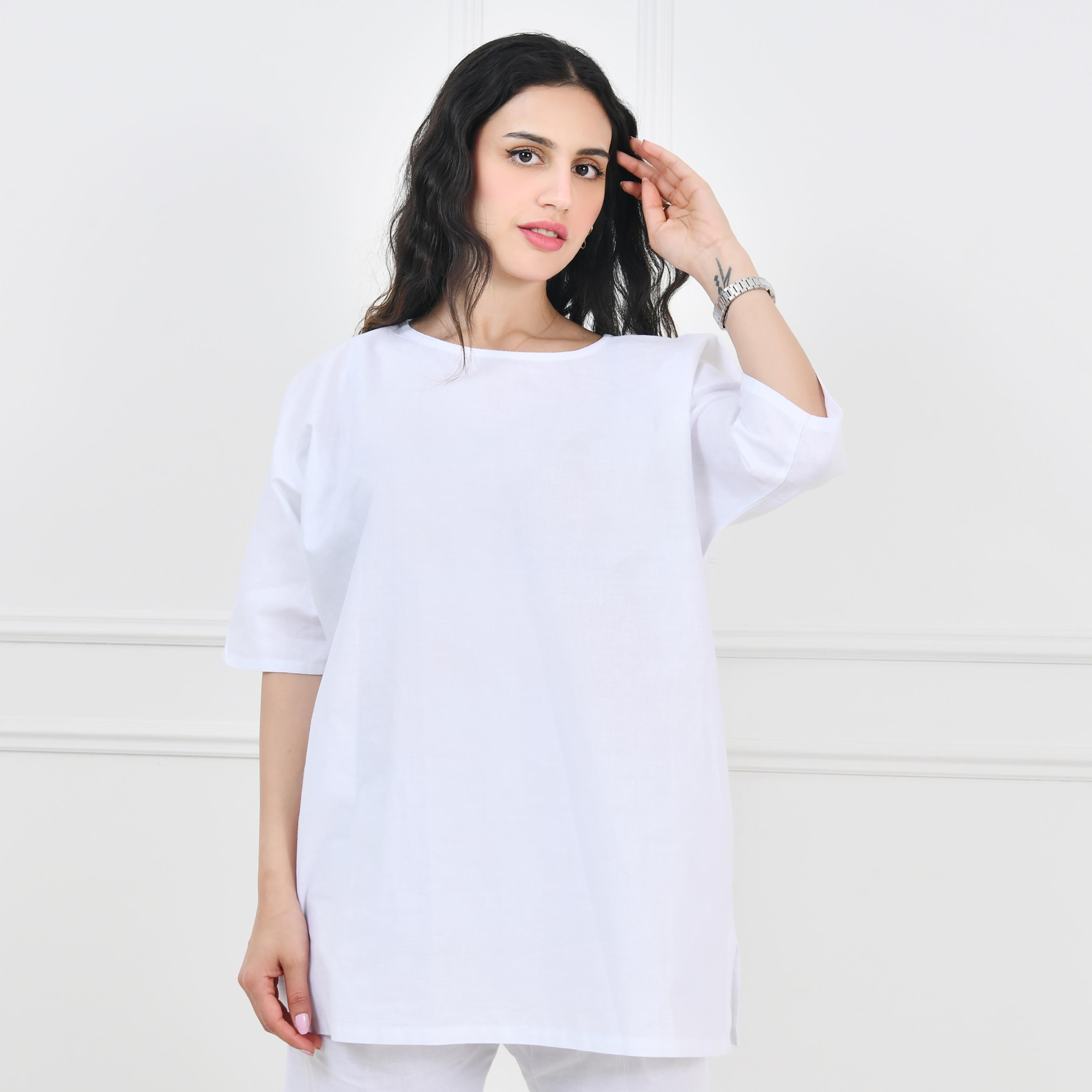 Hawraa White Linen Women's Under Under Abaya Top and Trouser Set-women-arabicclothing-prayerclothing-image-2