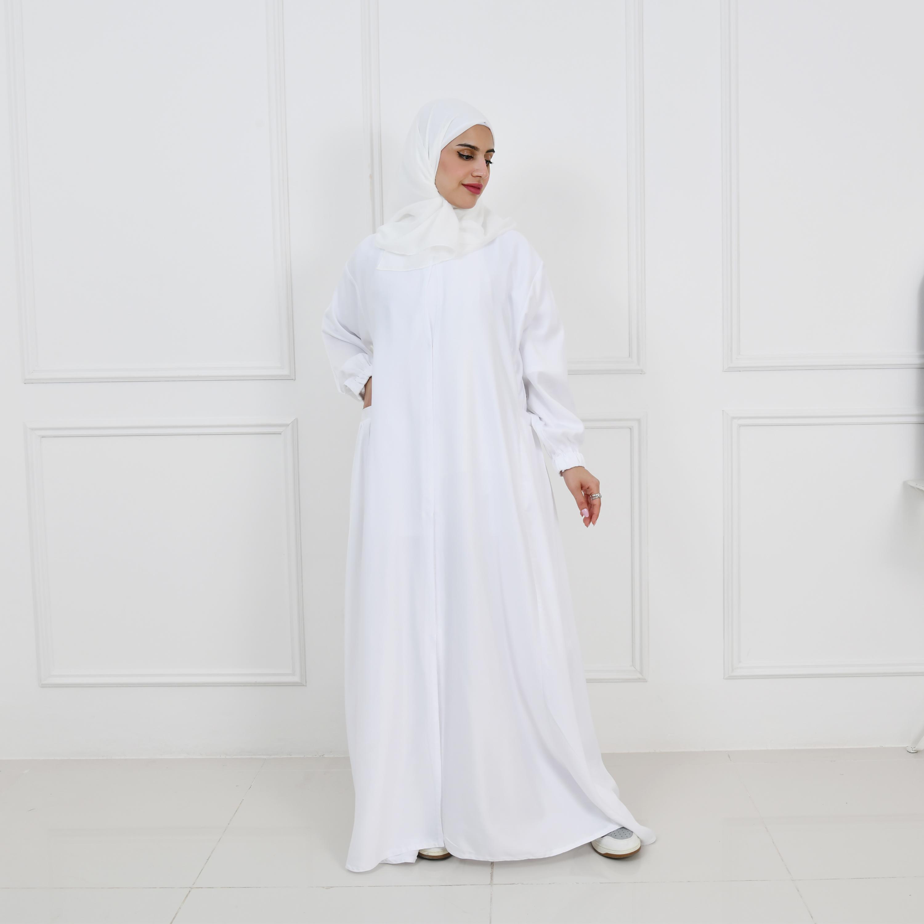 عباية حوراء بيضاء من الكتان بأكمام منفوخة للحج للنساء مع طرحة-women-arabicclothing-prayerclothing-image-1