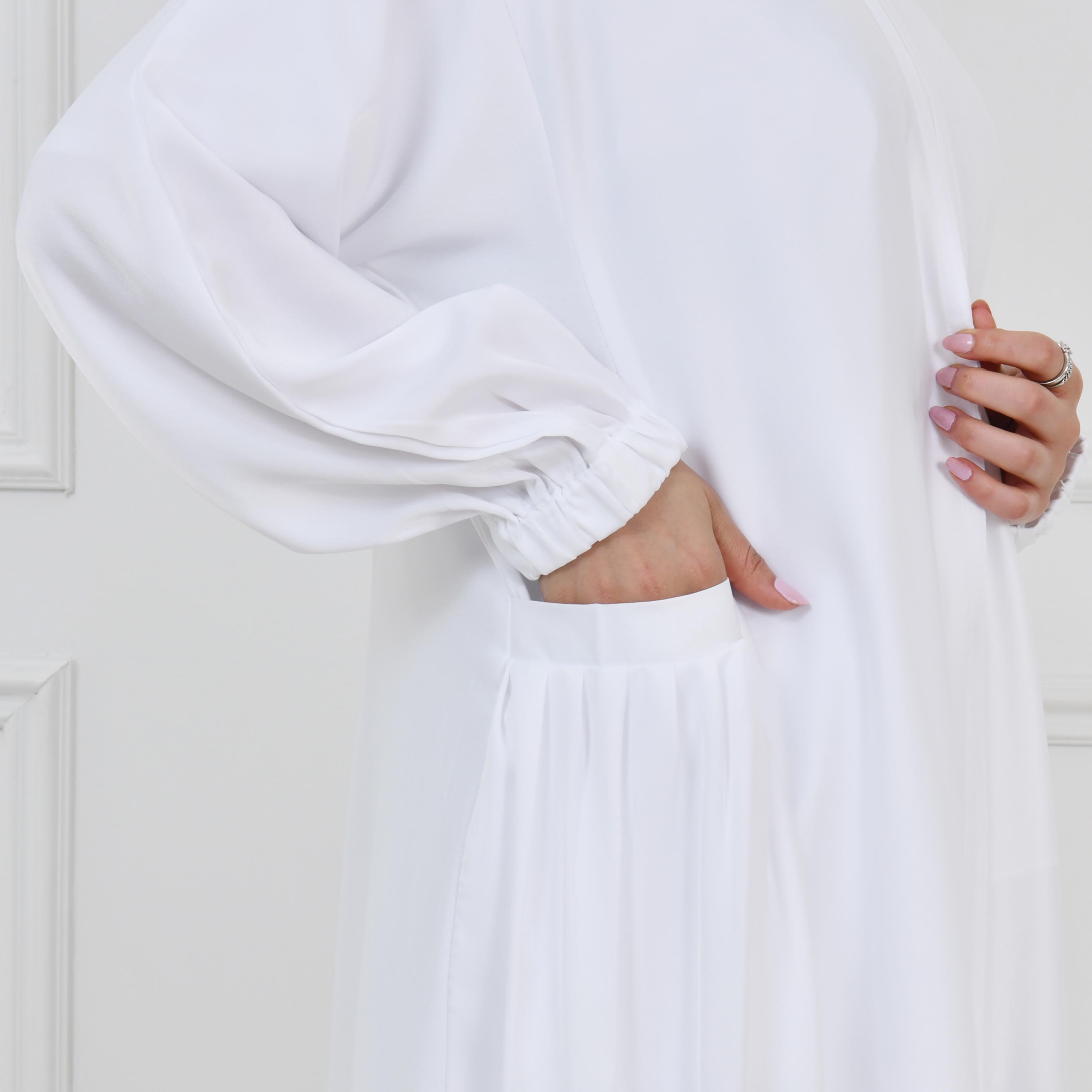 عباية حوراء بيضاء من الكتان بأكمام منفوخة للحج للنساء مع طرحة-women-arabicclothing-prayerclothing-image-3