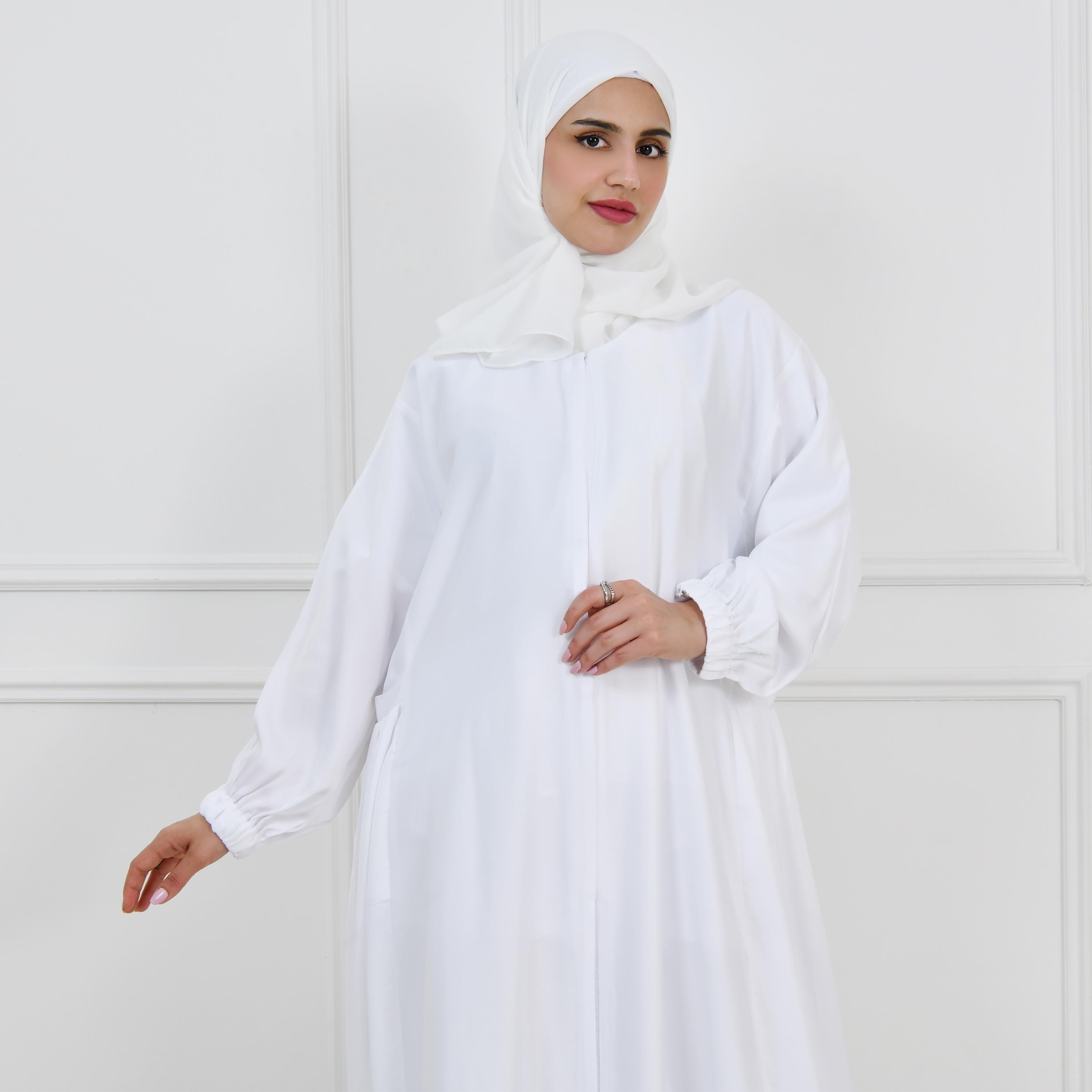 عباية حوراء بيضاء من الكتان بأكمام منفوخة للحج للنساء مع طرحة-women-arabicclothing-prayerclothing-image-5