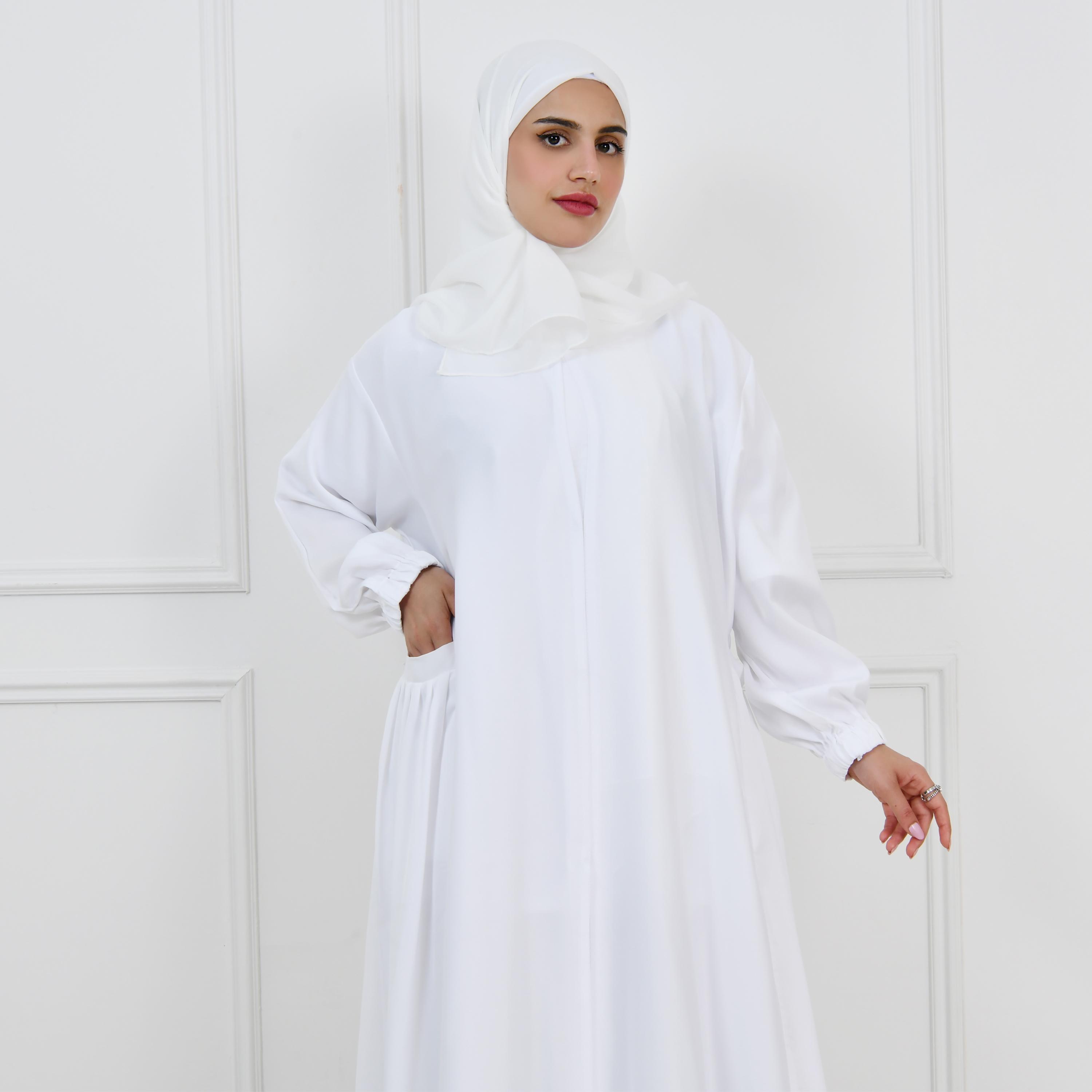 عباية حوراء بيضاء من الكتان بأكمام منفوخة للحج للنساء مع طرحة-women-arabicclothing-prayerclothing-image-6