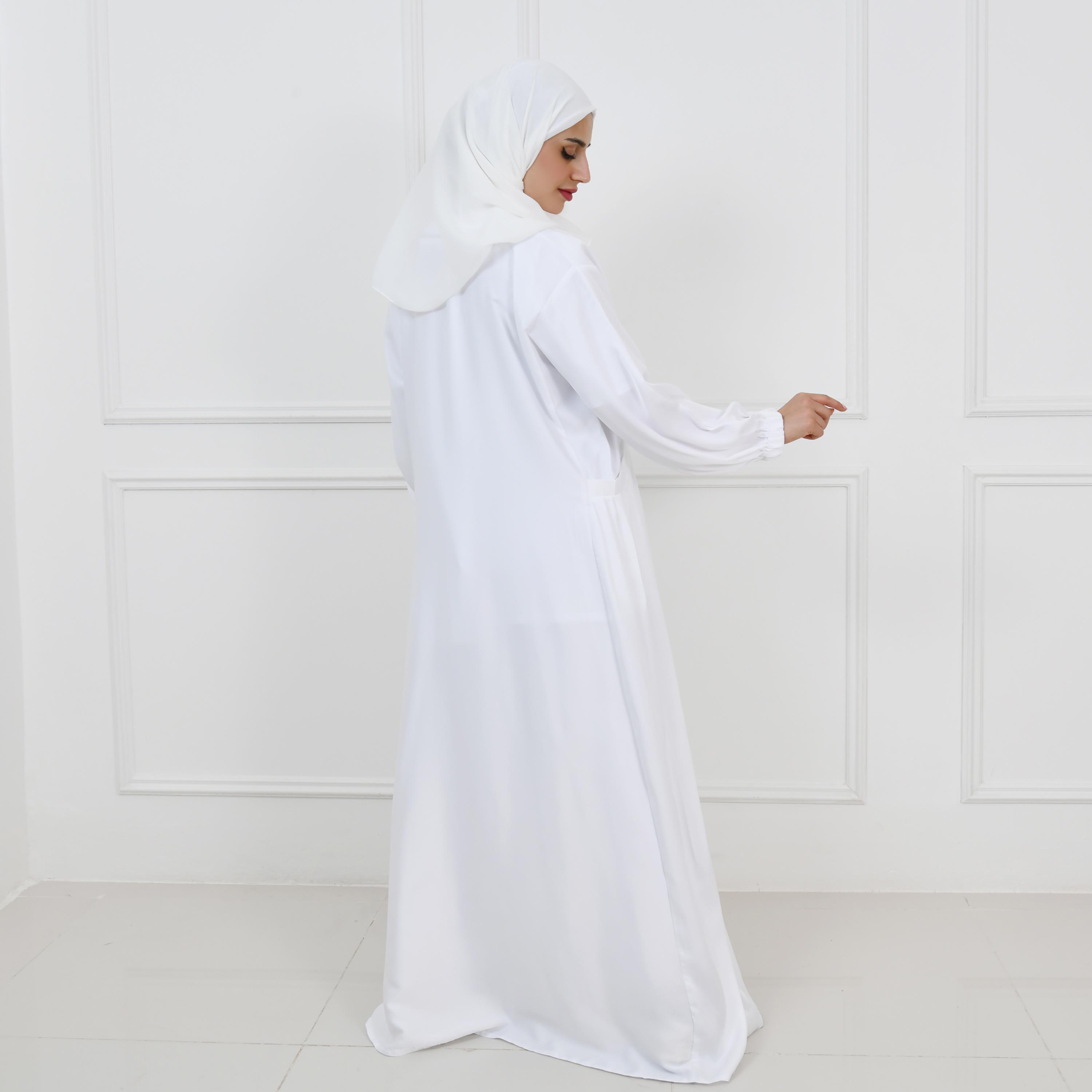 عباية حوراء بيضاء من الكتان بأكمام منفوخة للحج للنساء مع طرحة-women-arabicclothing-prayerclothing-image-7