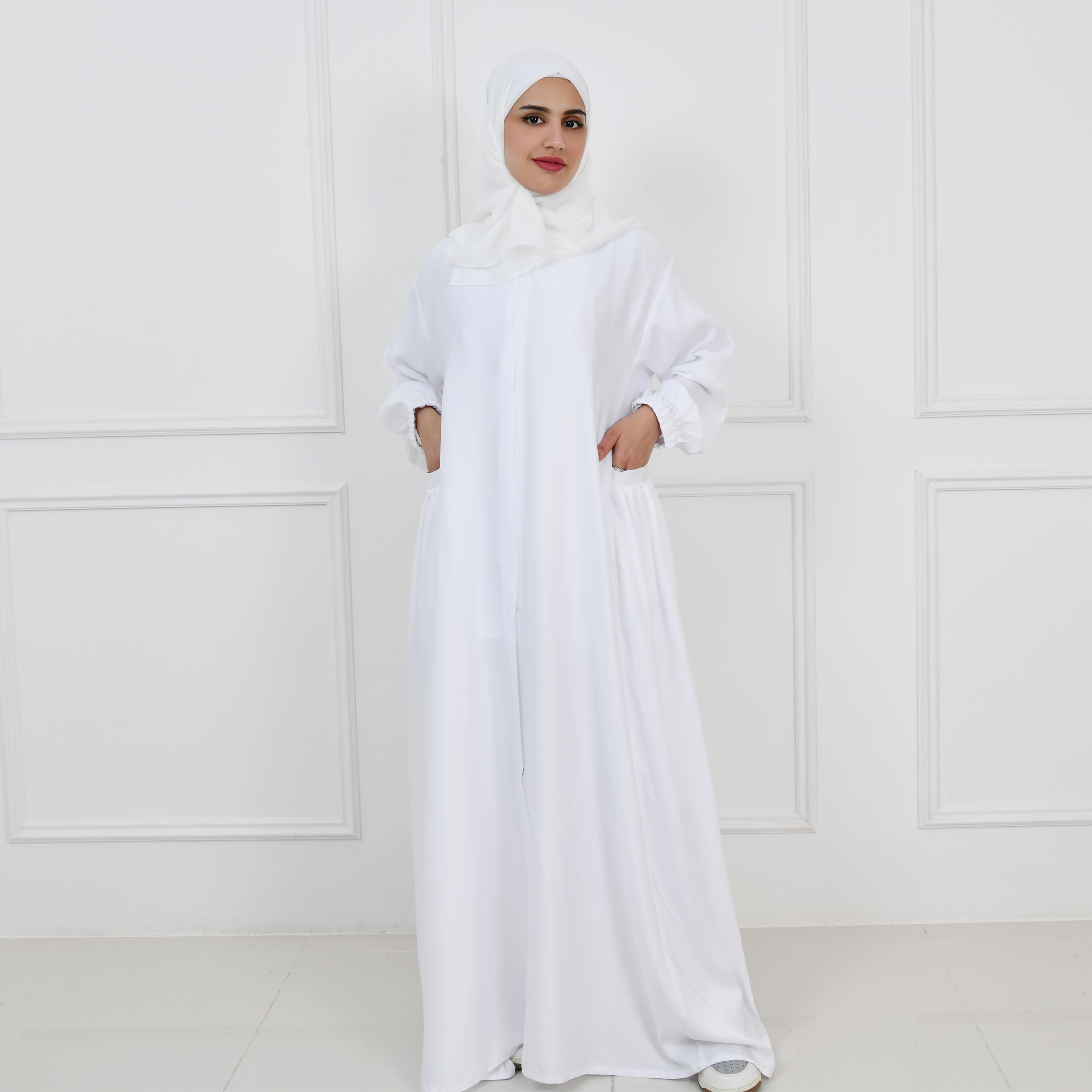 عباية حوراء بيضاء من الكتان بأكمام منفوخة للحج للنساء مع طرحة-women-arabicclothing-prayerclothing-image-8