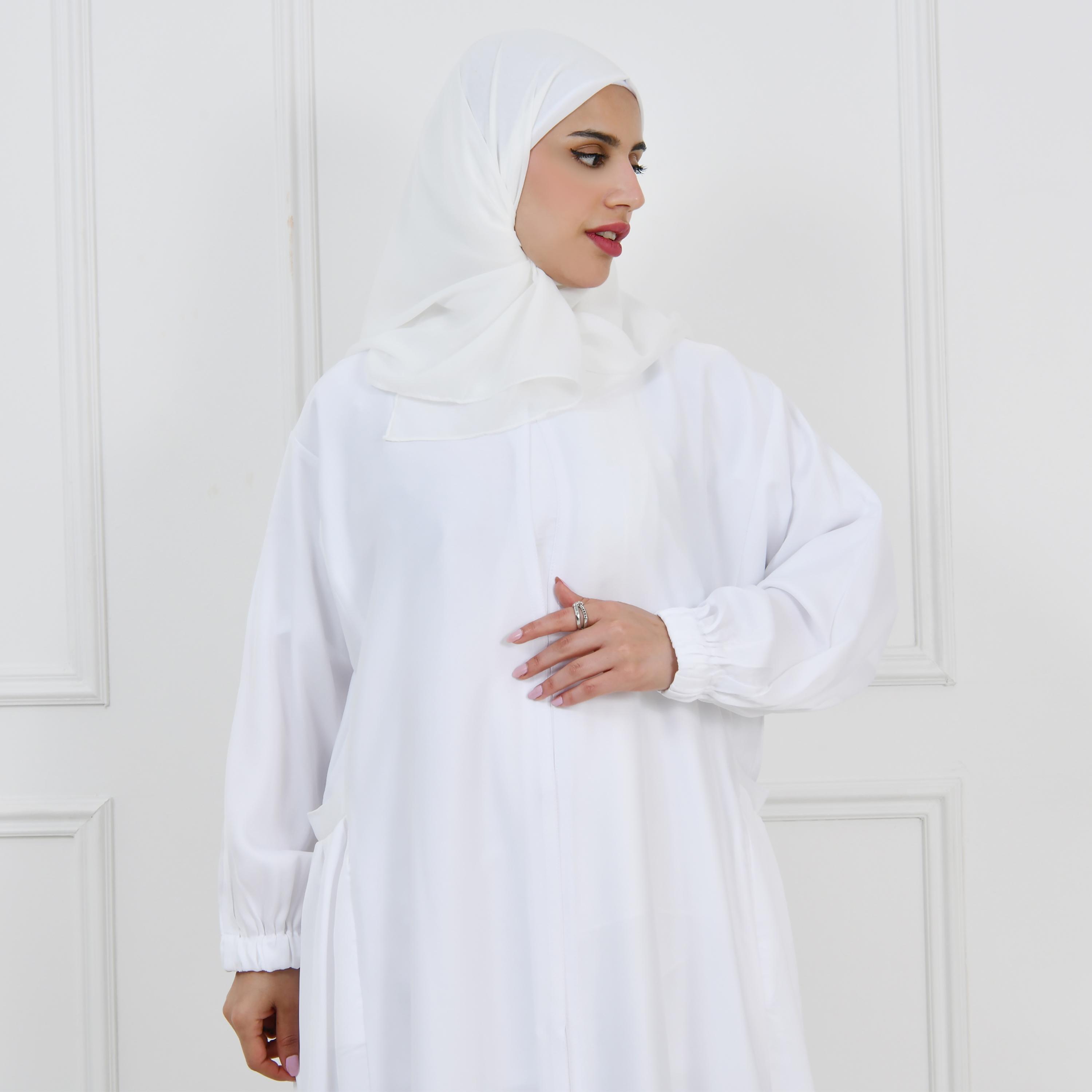 عباية حوراء بيضاء من الكتان بأكمام منفوخة للحج للنساء مع طرحة-women-arabicclothing-prayerclothing-image-9