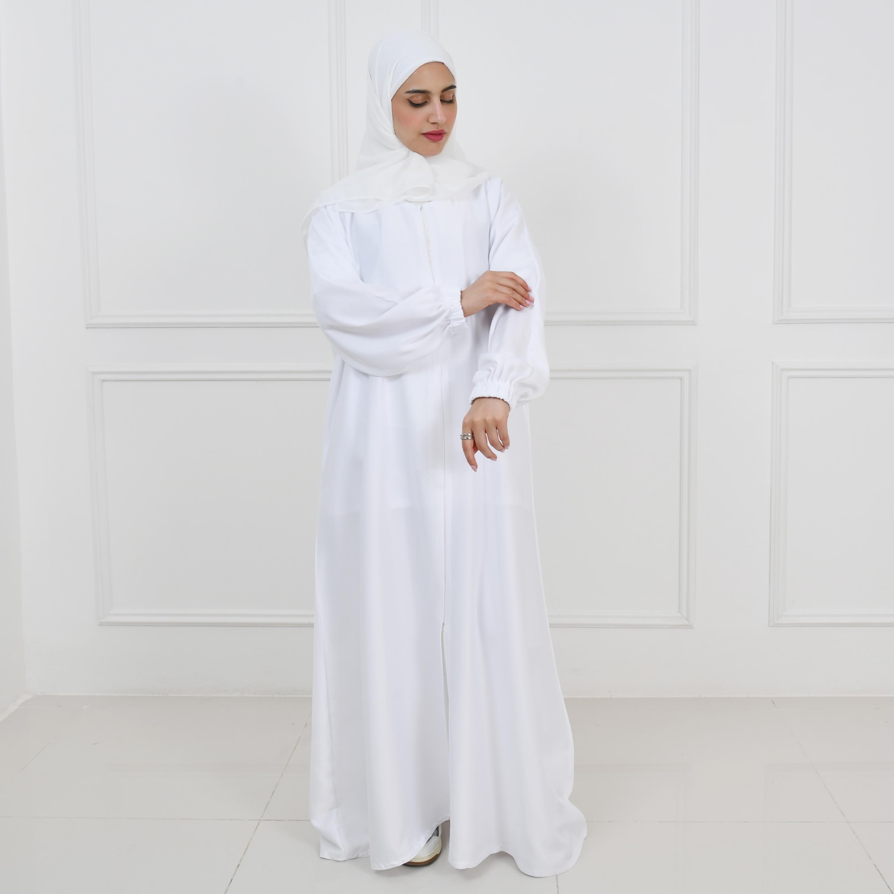 Hawraa White Balloon Sleeves Linen Women's Hajj Abaya with Hijab-women-arabicclothing-prayerclothing-image-1