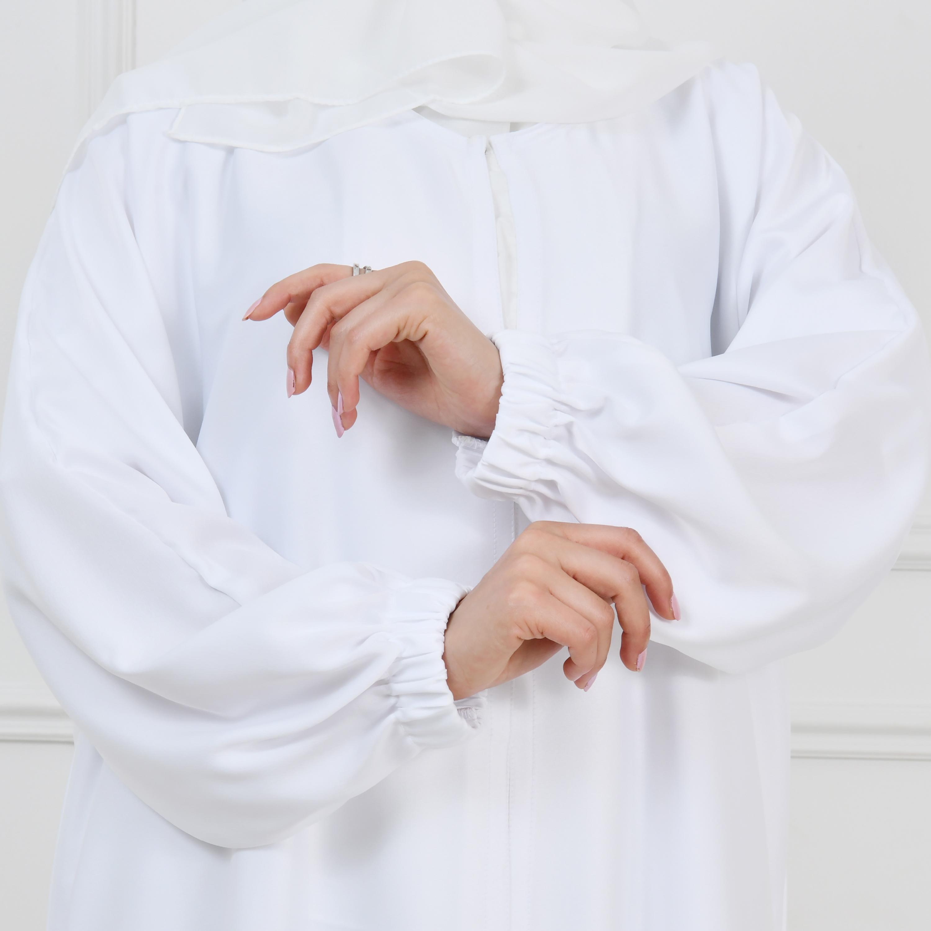 Hawraa White Balloon Sleeves Linen Women's Hajj Abaya with Hijab-women-arabicclothing-prayerclothing-image-3