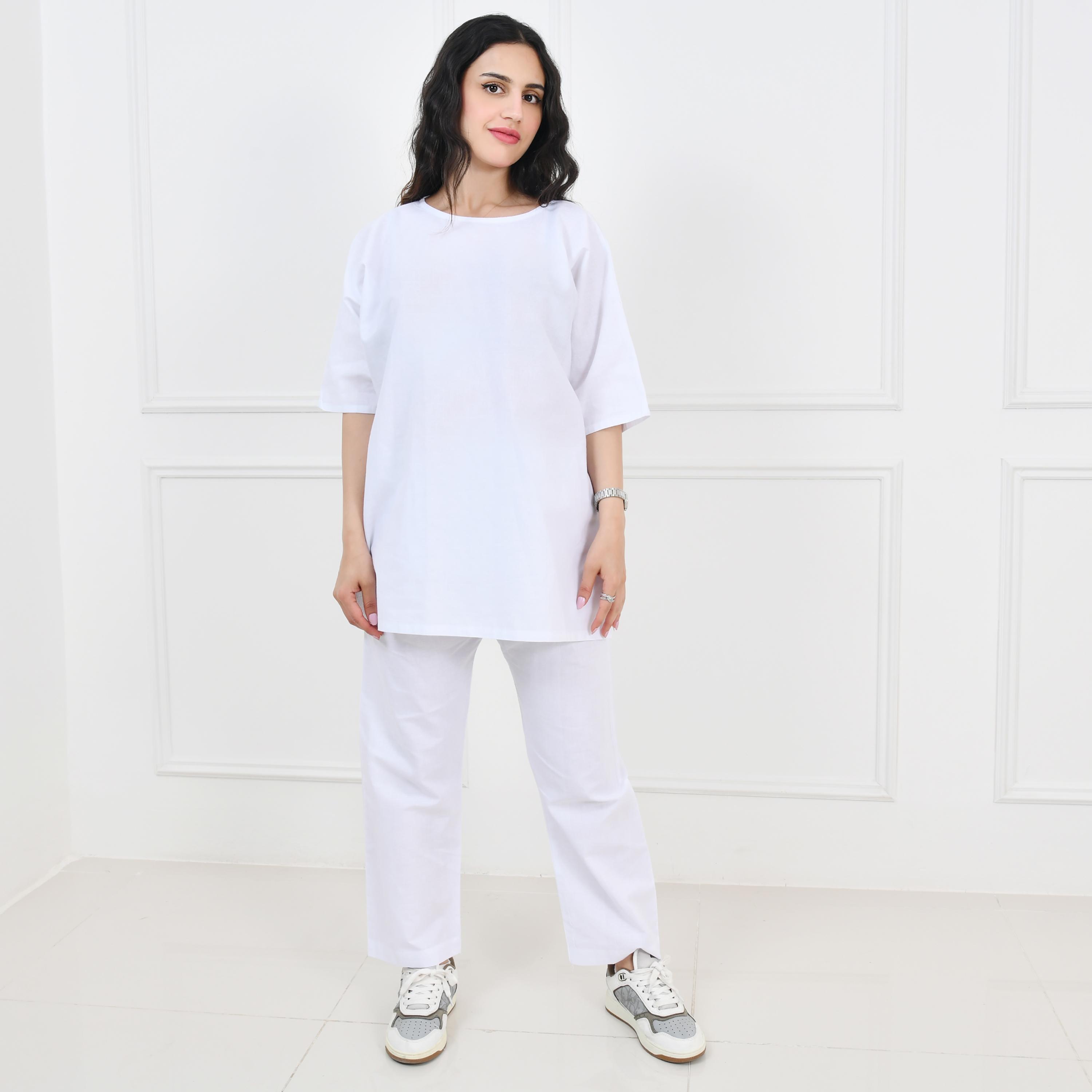 Hawraa White Balloon Sleeves Linen Women's Hajj Abaya with Hijab-women-arabicclothing-prayerclothing-image-4