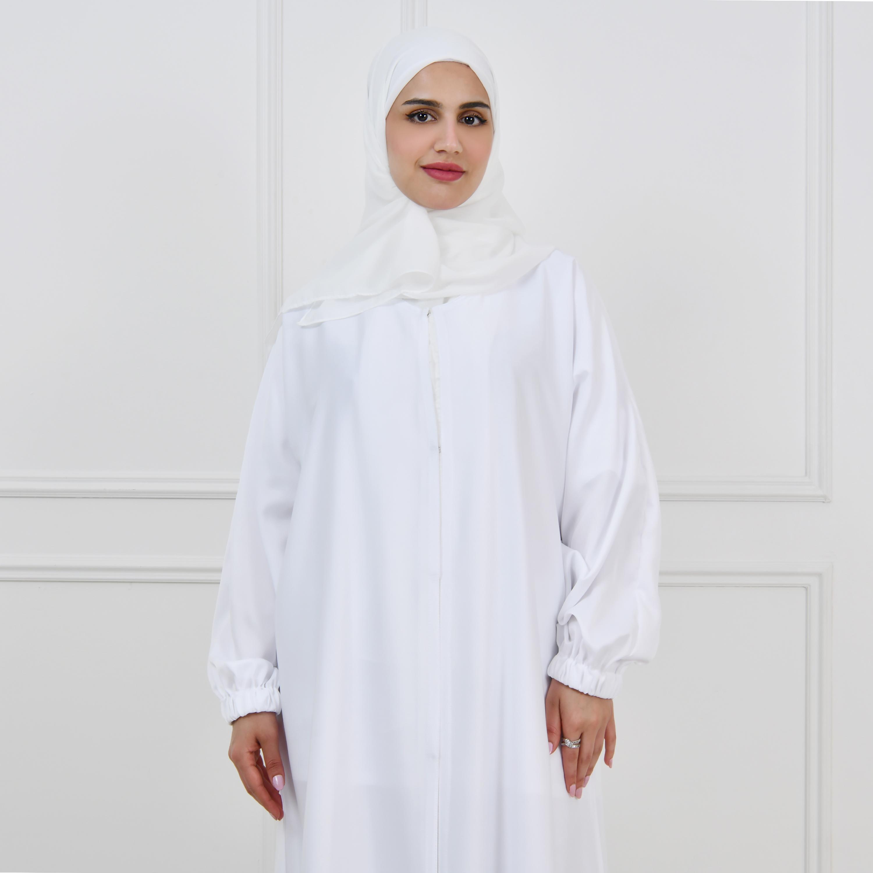 Hawraa White Balloon Sleeves Linen Women's Hajj Abaya with Hijab-women-arabicclothing-prayerclothing-image-5